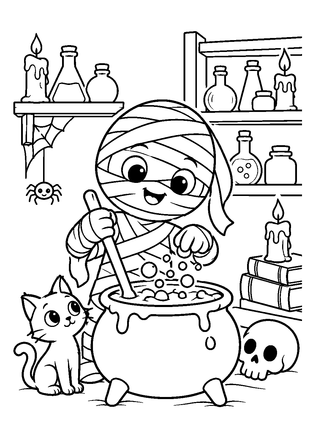 Momie remuant une potion dans un chaudron avec un chat à colorier