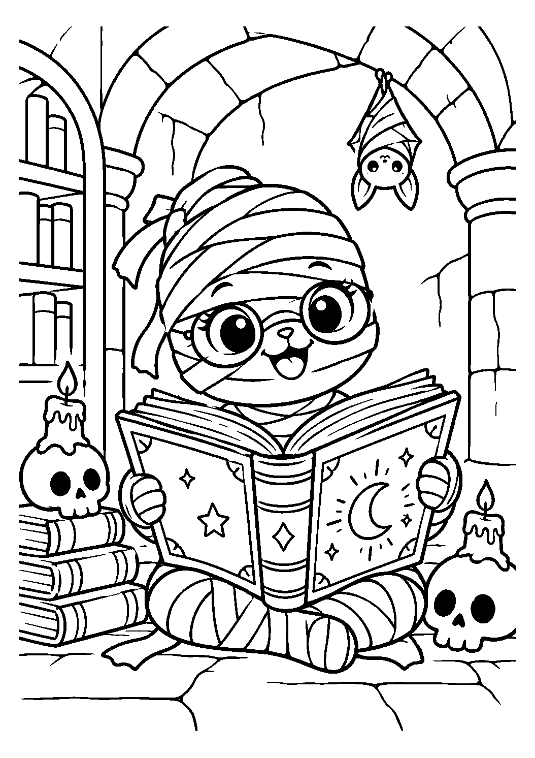 Momie à lunettes lisant un grand grimoire dans une crypte à colorier