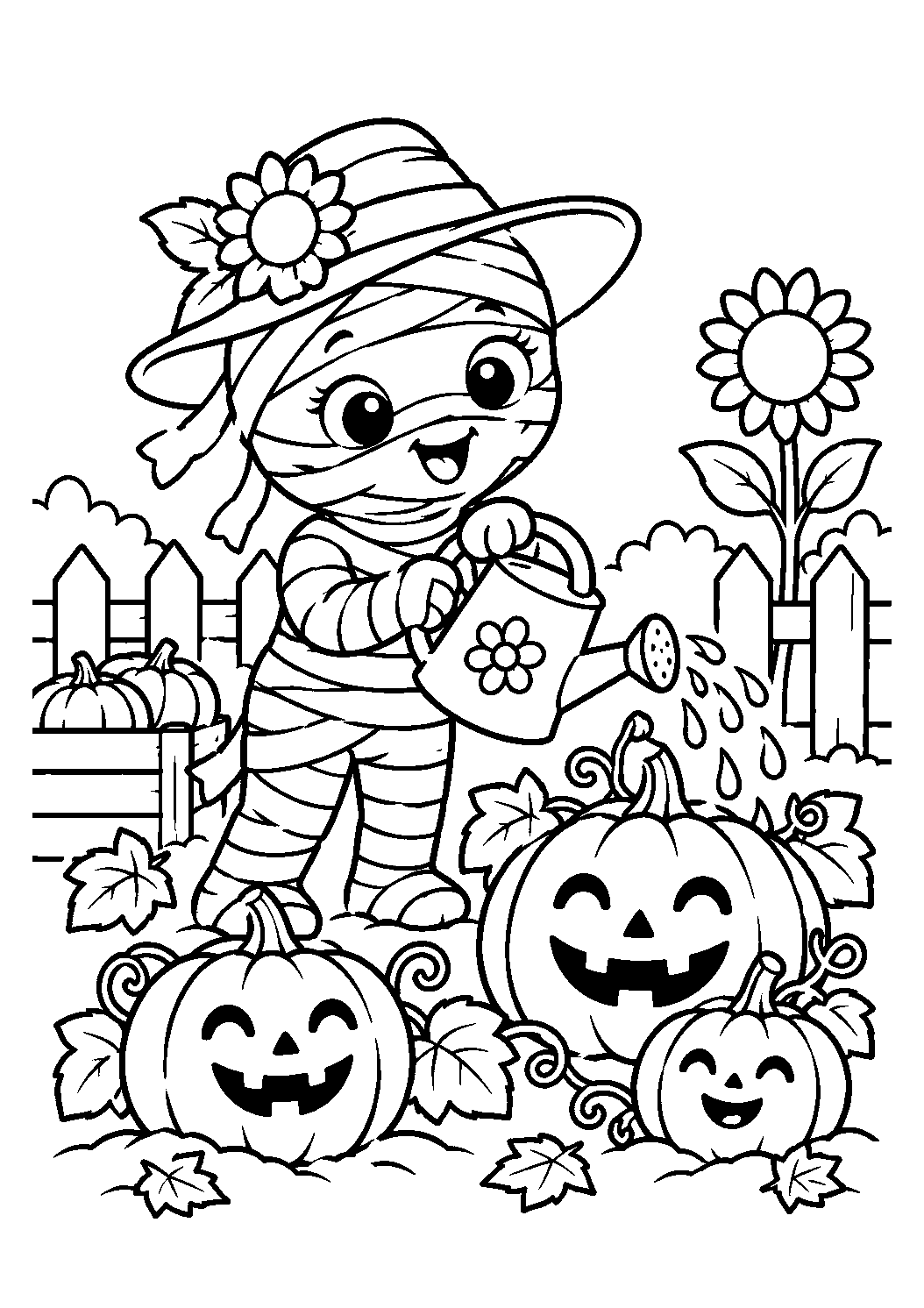 Momie jardinière arrosant des citrouilles souriantes à colorier