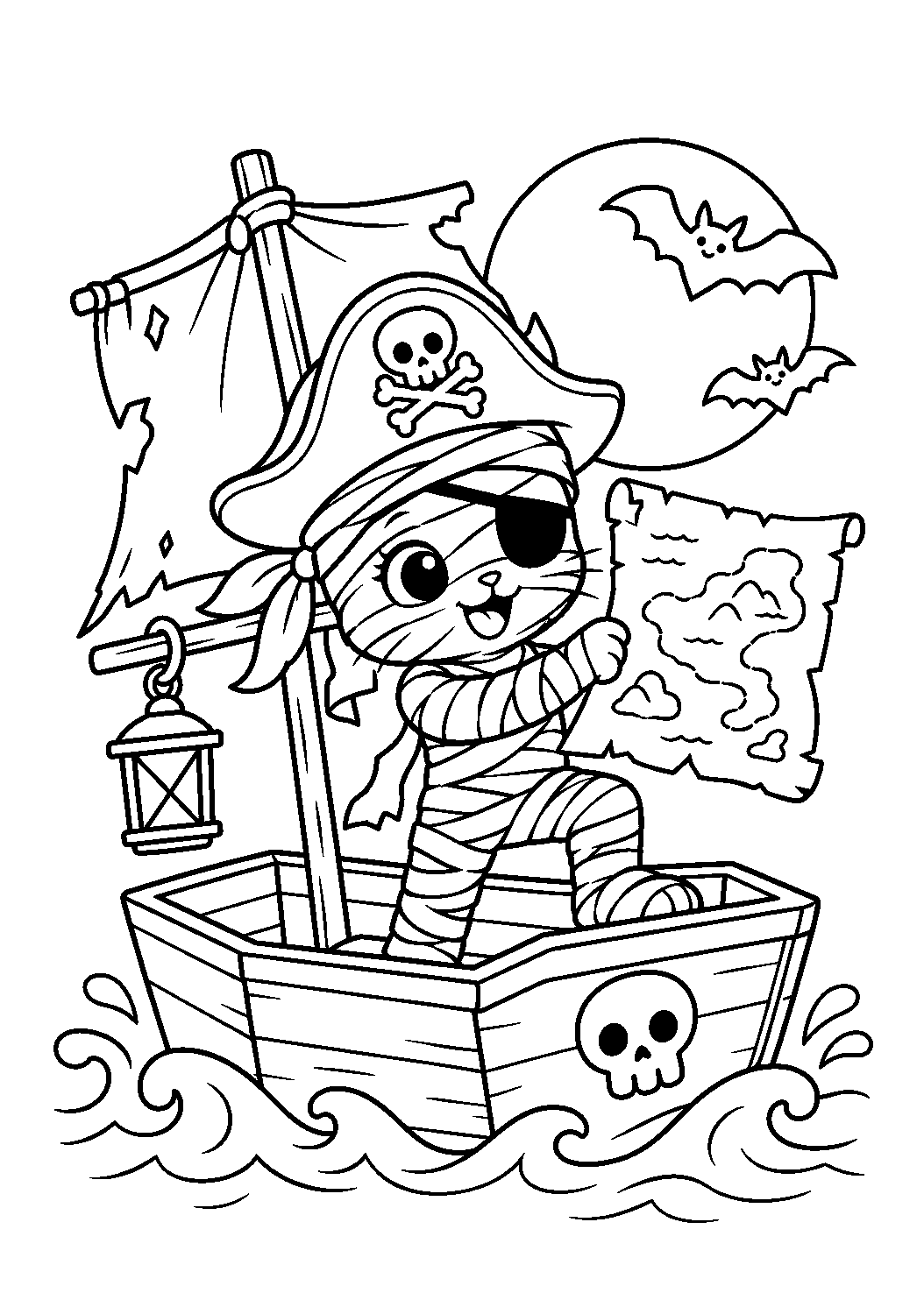 Momie pirate naviguant avec une carte au trésor à colorier