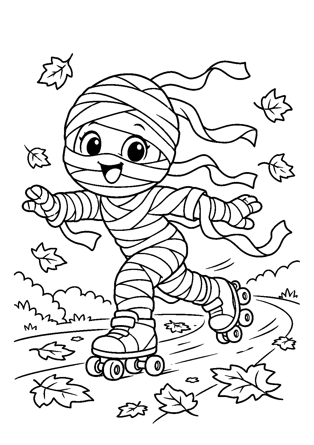 Momie faisant du roller parmi les feuilles d’automne à colorier