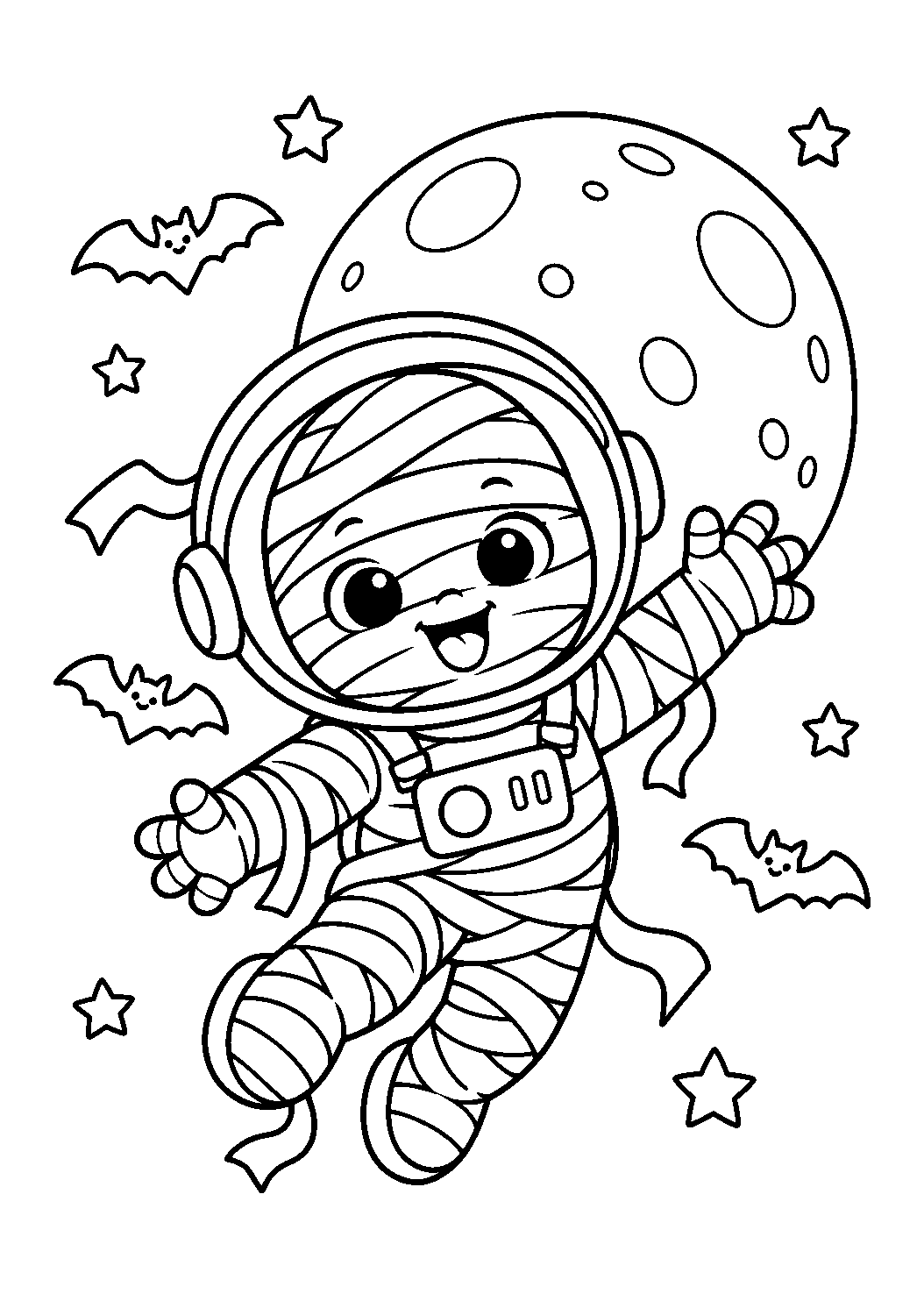 Momie astronaute flottant devant une grande lune à colorier