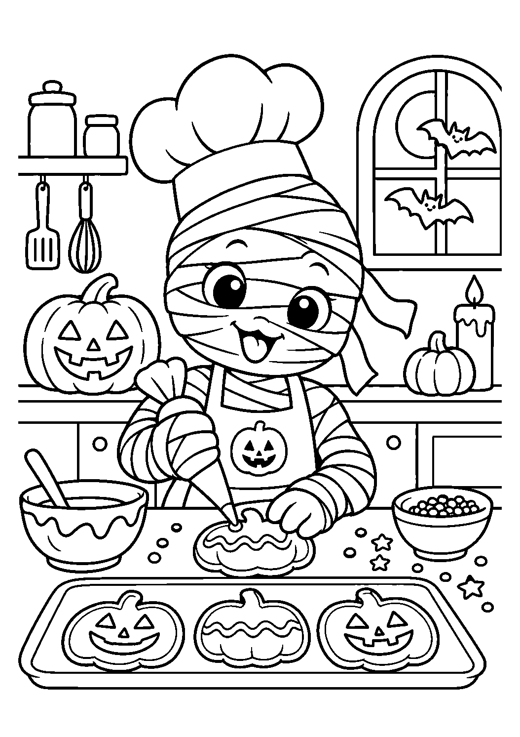 Momie chef préparant des biscuits citrouilles à colorier