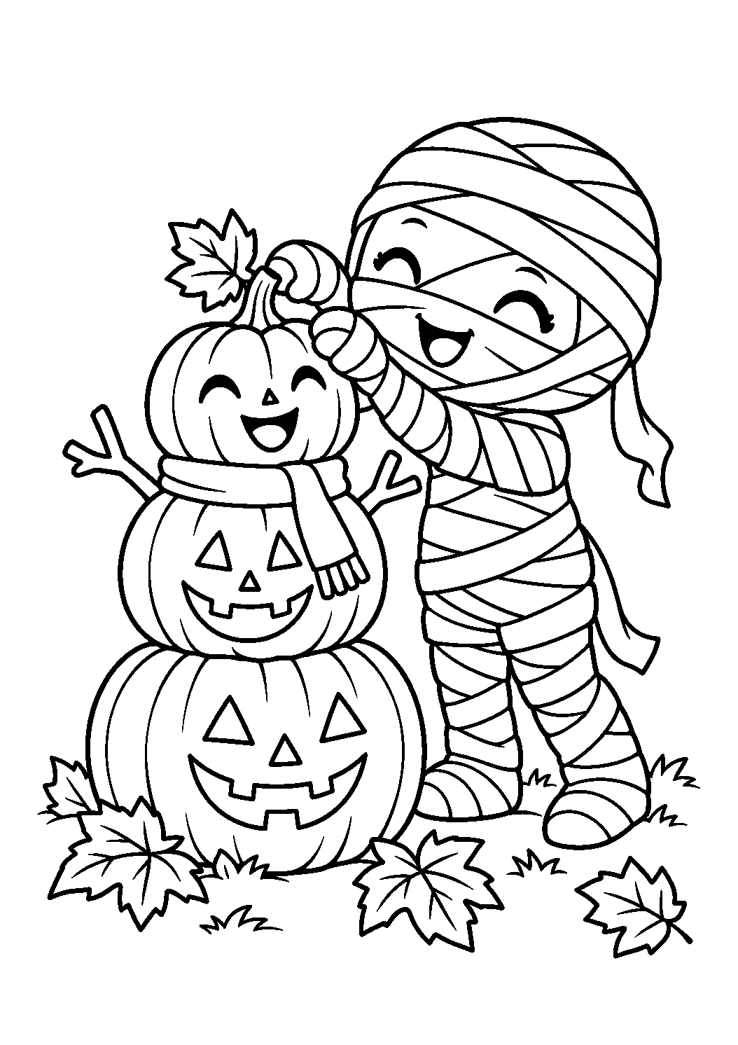 Momie construisant un personnage avec des citrouilles empilées à colorier