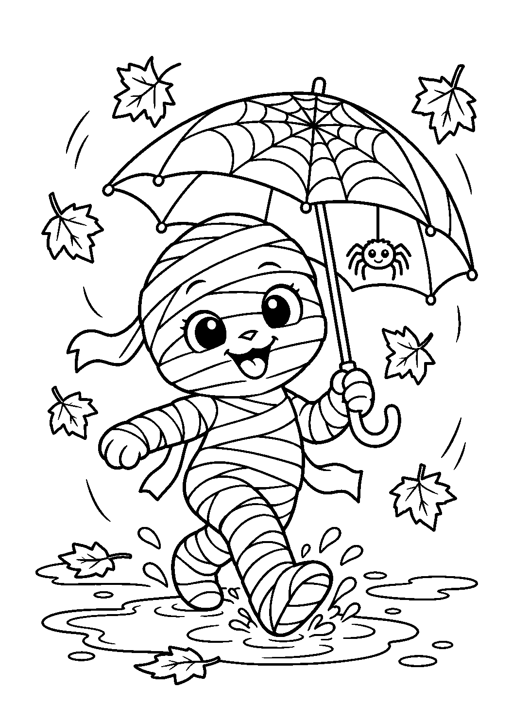 Momie marchant sous un parapluie toile d’araignée à colorier