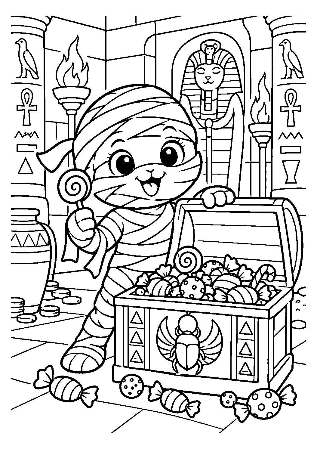 Momie découvrant un coffre rempli de bonbons dans un temple à colorier