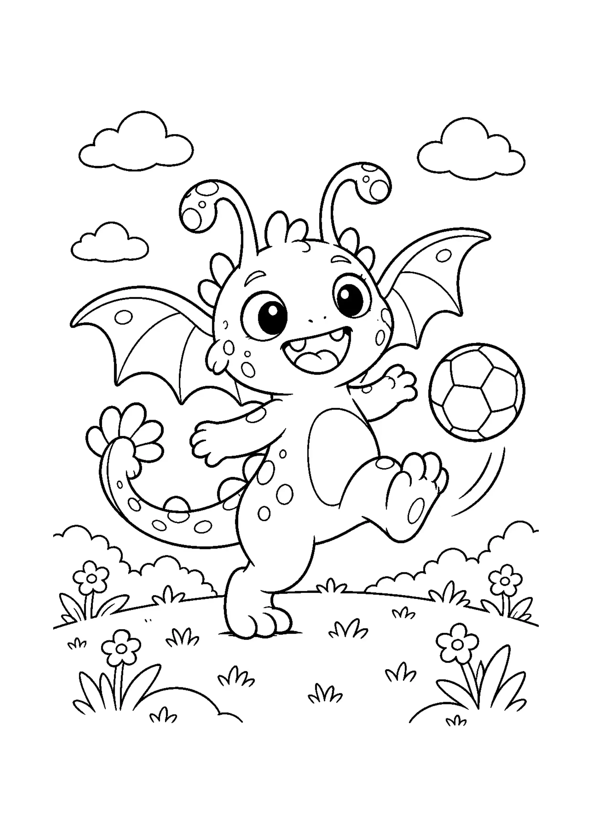 Coloriage monstre ailé qui joue au ballon à imprimer
