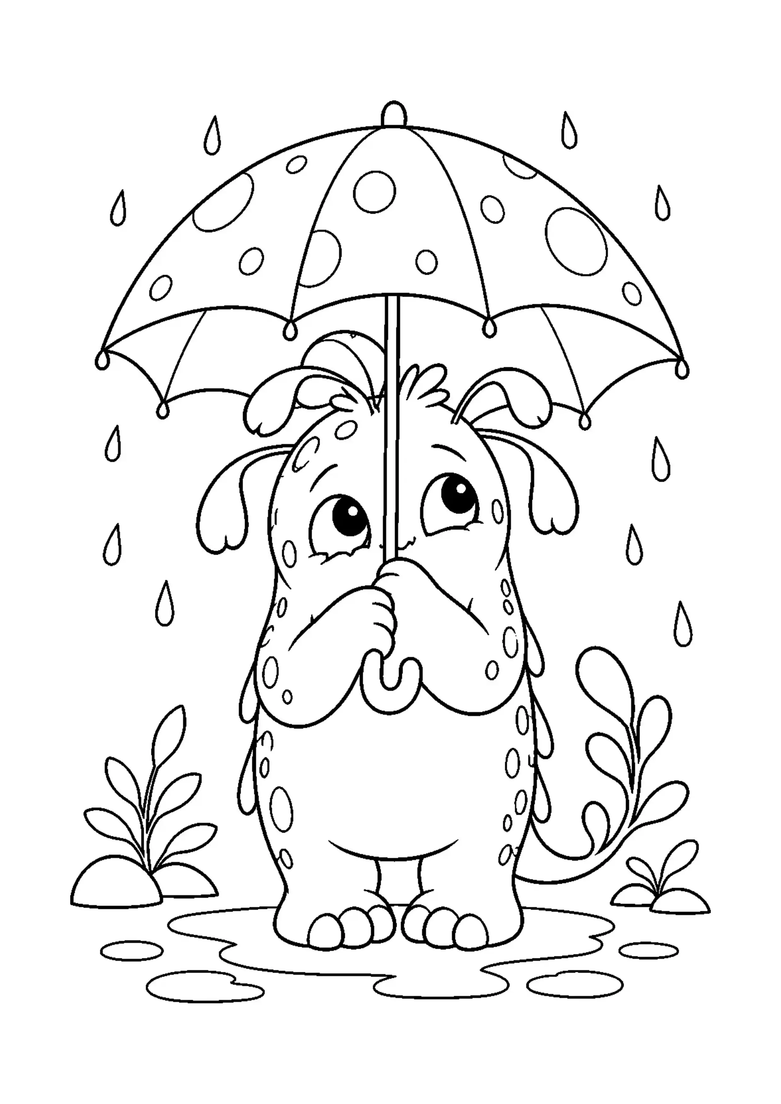 Coloriage monstre timide sous un parapluie à imprimer