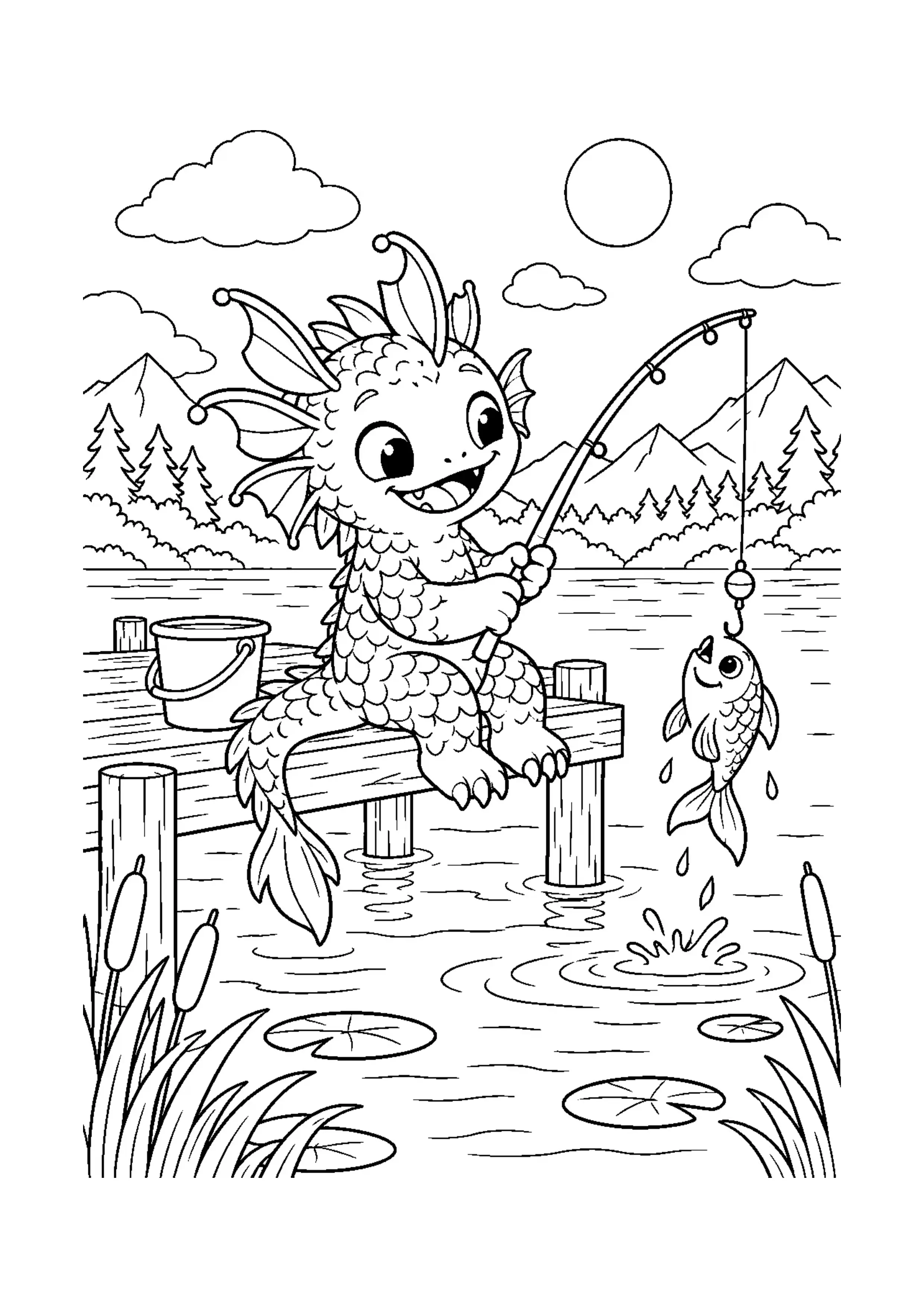 Coloriage monstre à écailles qui pêche à imprimer