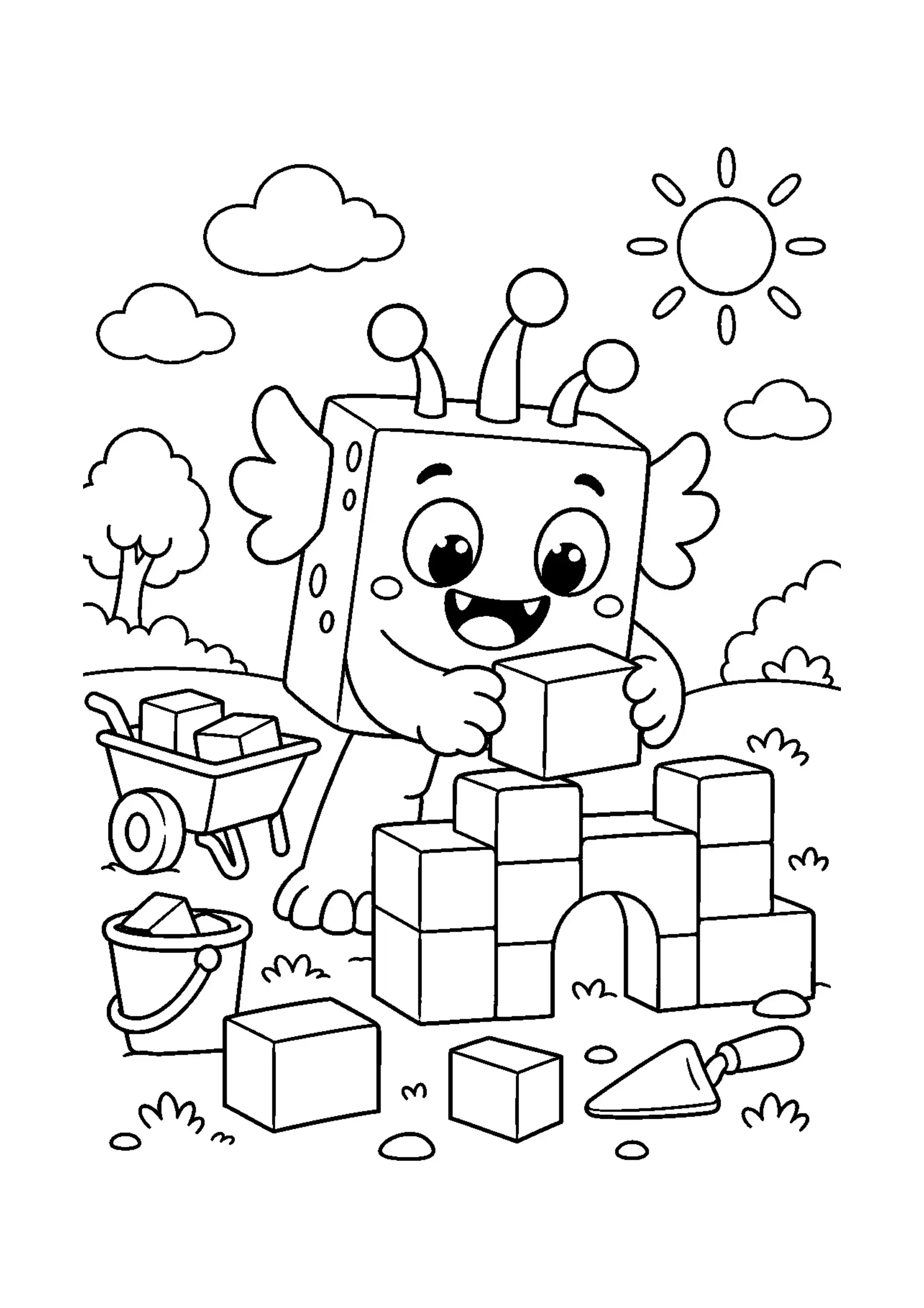 Coloriage monstre carré qui construit à imprimer