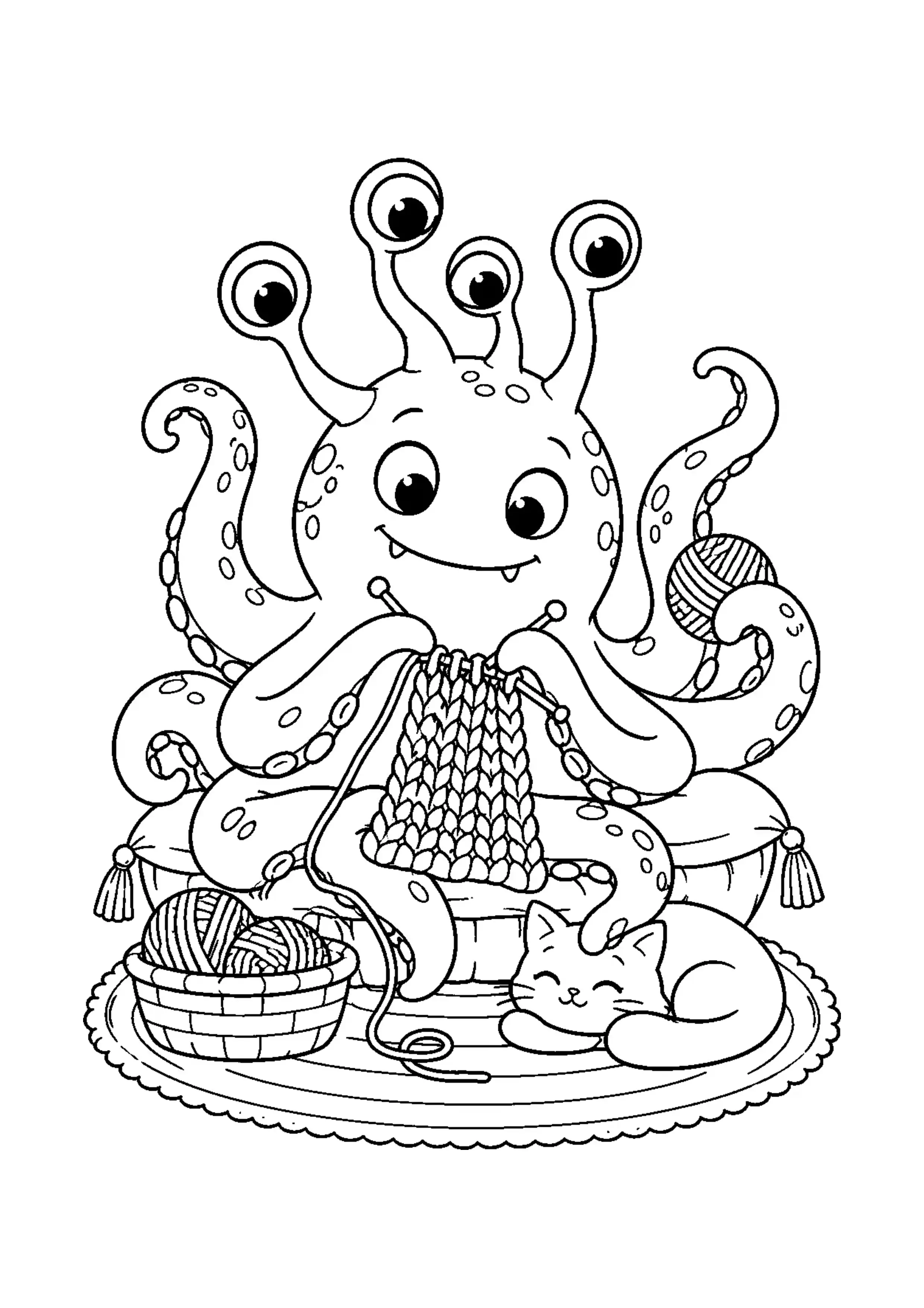Coloriage monstre à tentacules qui tricote à imprimer