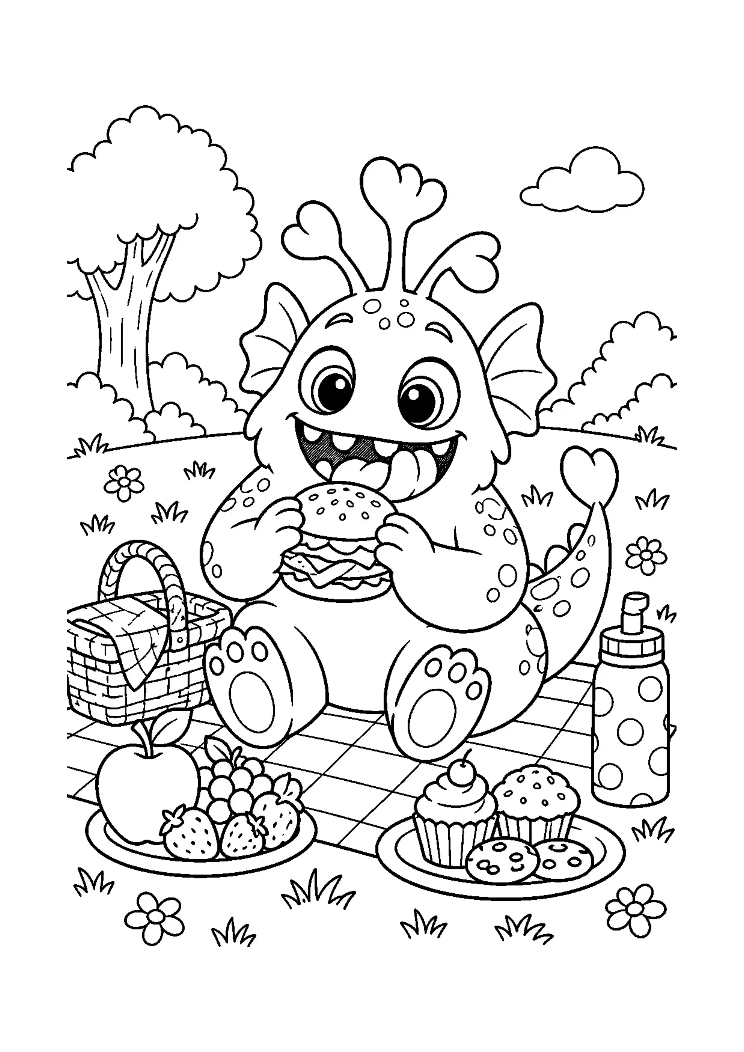 Coloriage monstre gourmand au pique-nique à imprimer