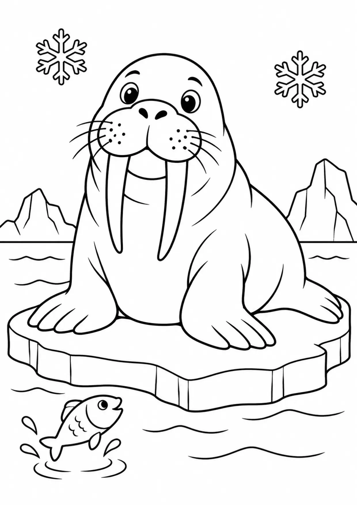Coloriage morse : banquise poisson à imprimer montrant banquise poisson, dessin noir et blanc