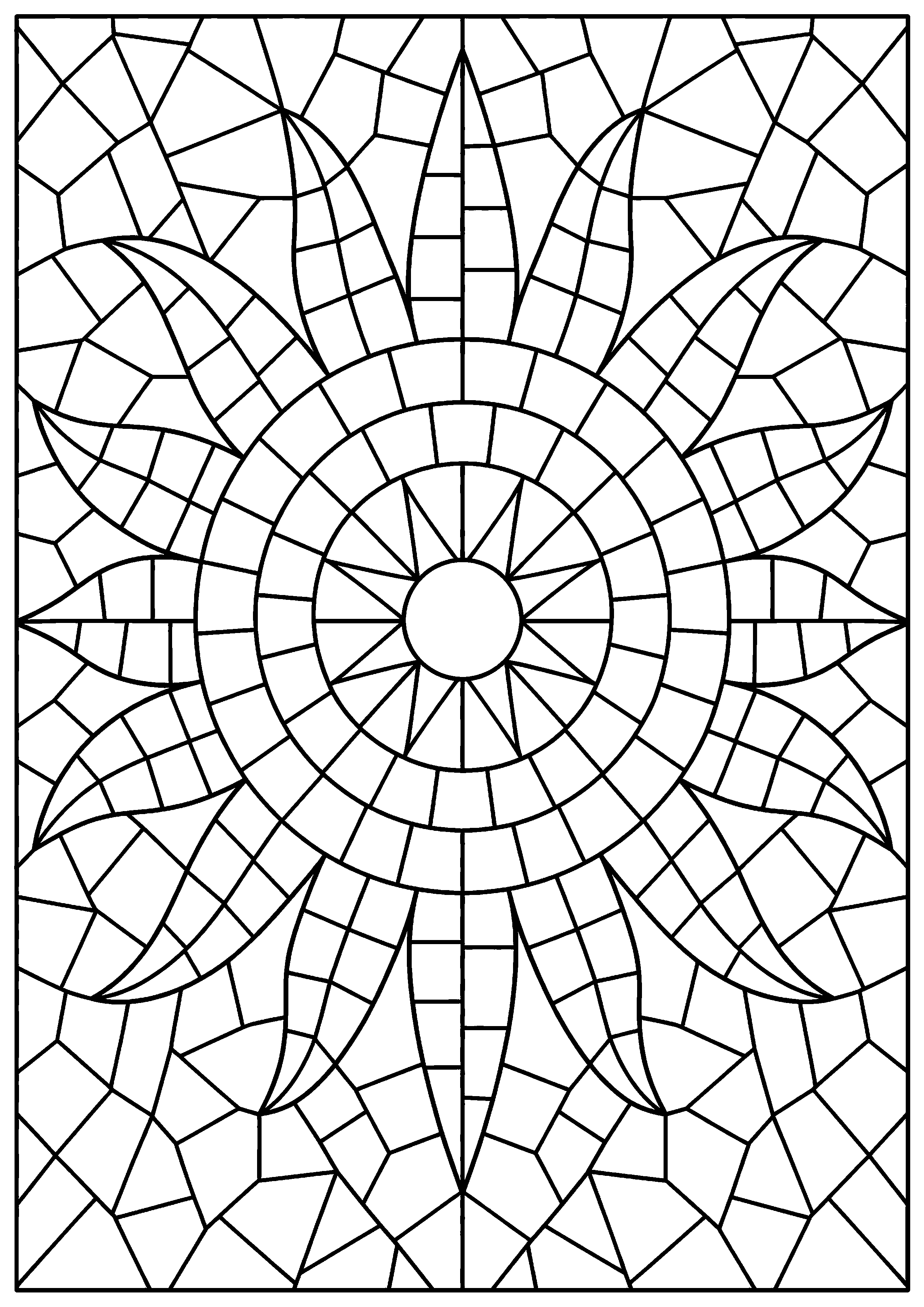 Coloriage mosaïque représentant grand soleil composé de tesselles géométriques fermées, motif gratuit à imprimer