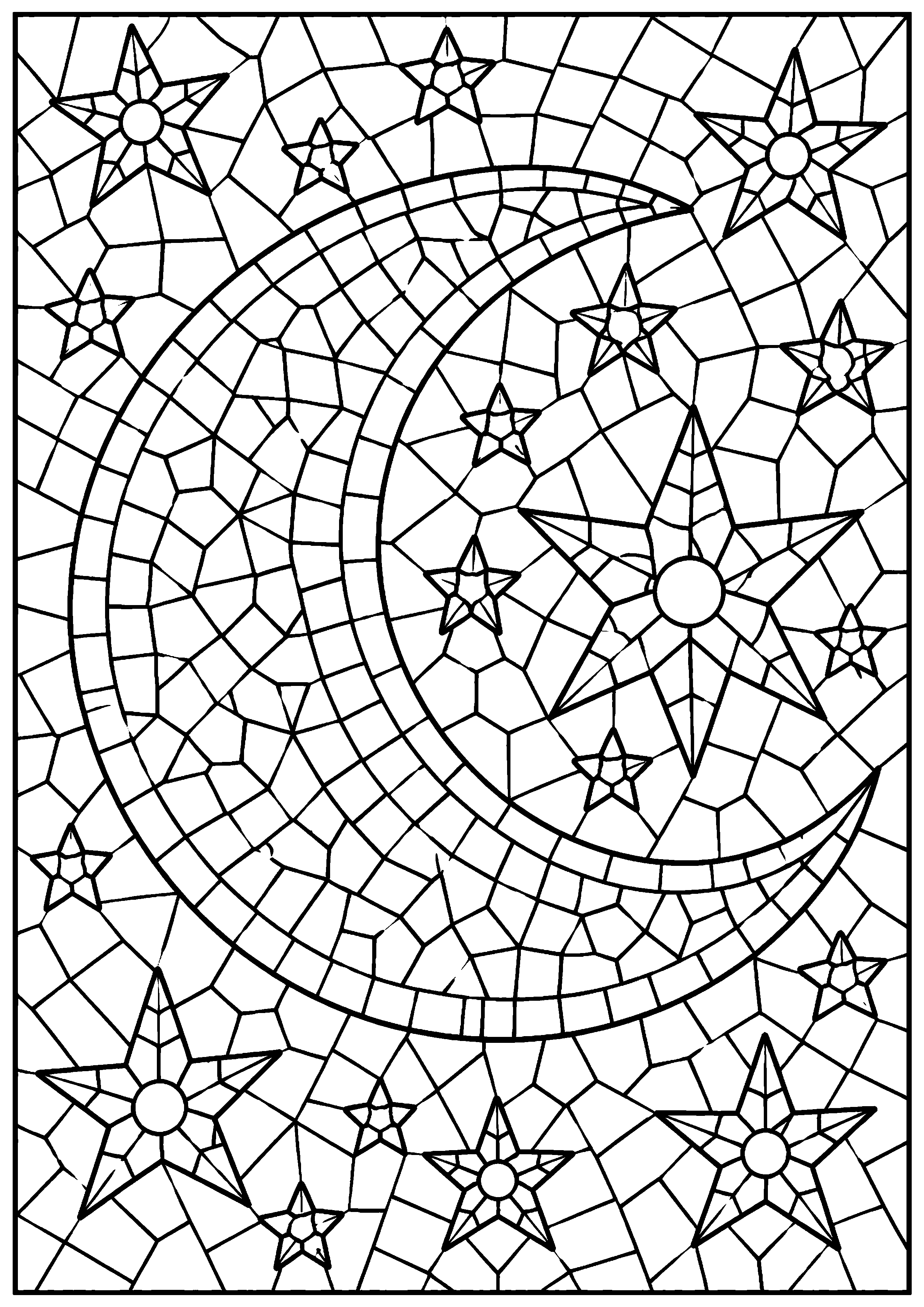 Coloriage mosaïque représentant croissant de lune entouré d’étoiles, entièrement découpé en petites tesselles, motif gratuit à imprimer