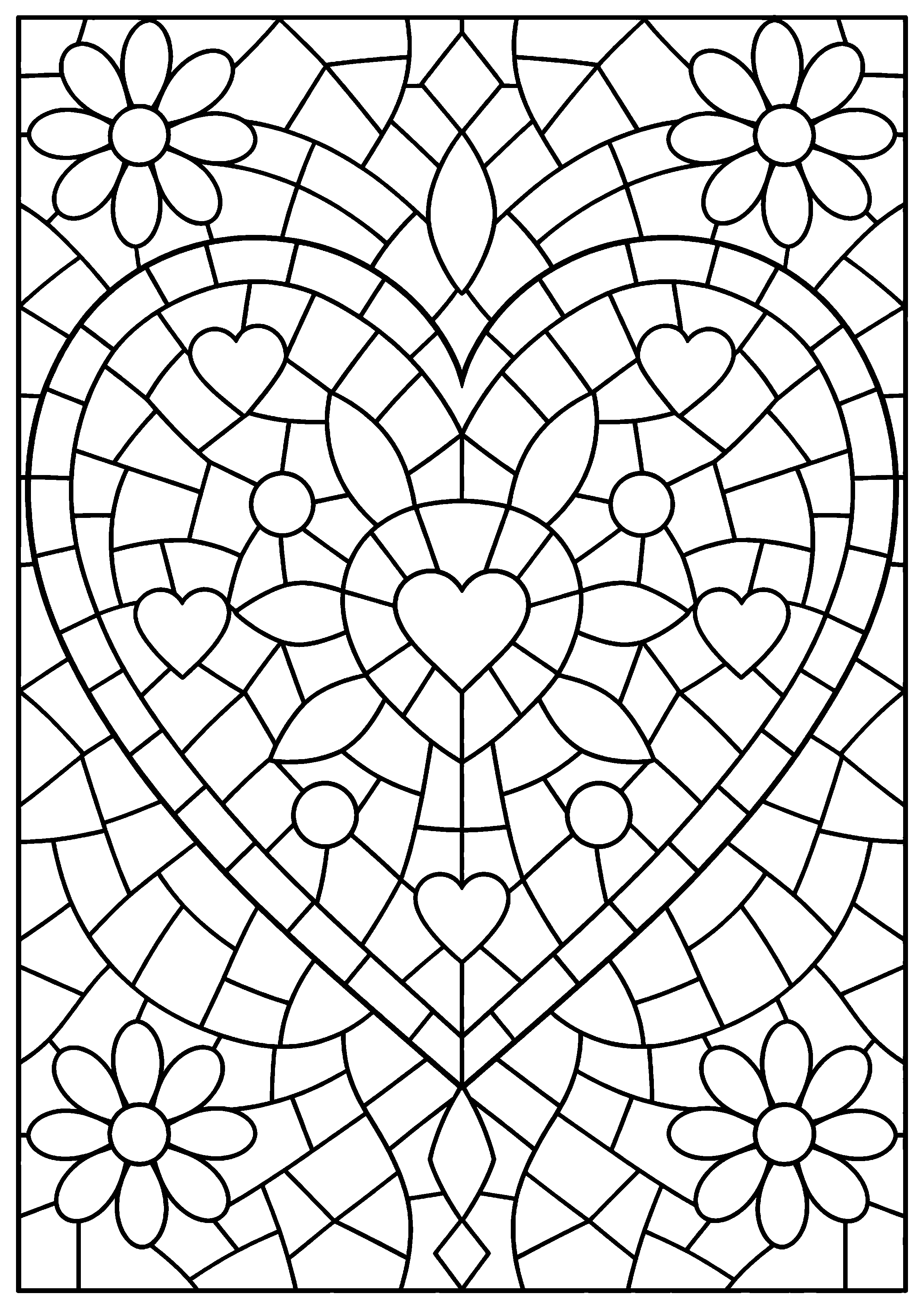 Coloriage mosaïque représentant grand cœur central formé de pièces de mosaïque variées, motif gratuit à imprimer