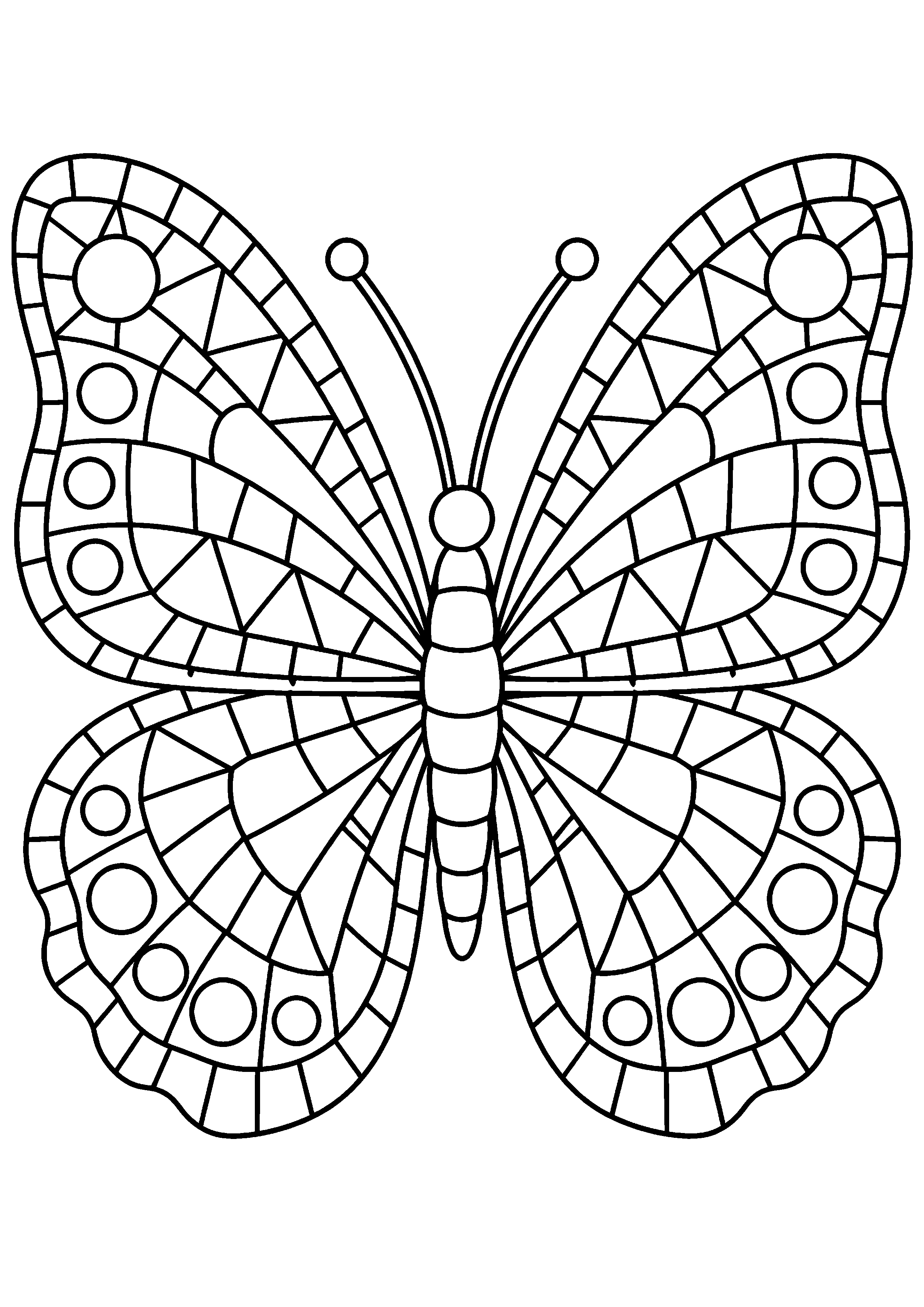 Coloriage mosaïque représentant papillon symétrique composé de nombreuses pièces de mosaïque fermées, motif gratuit à imprimer