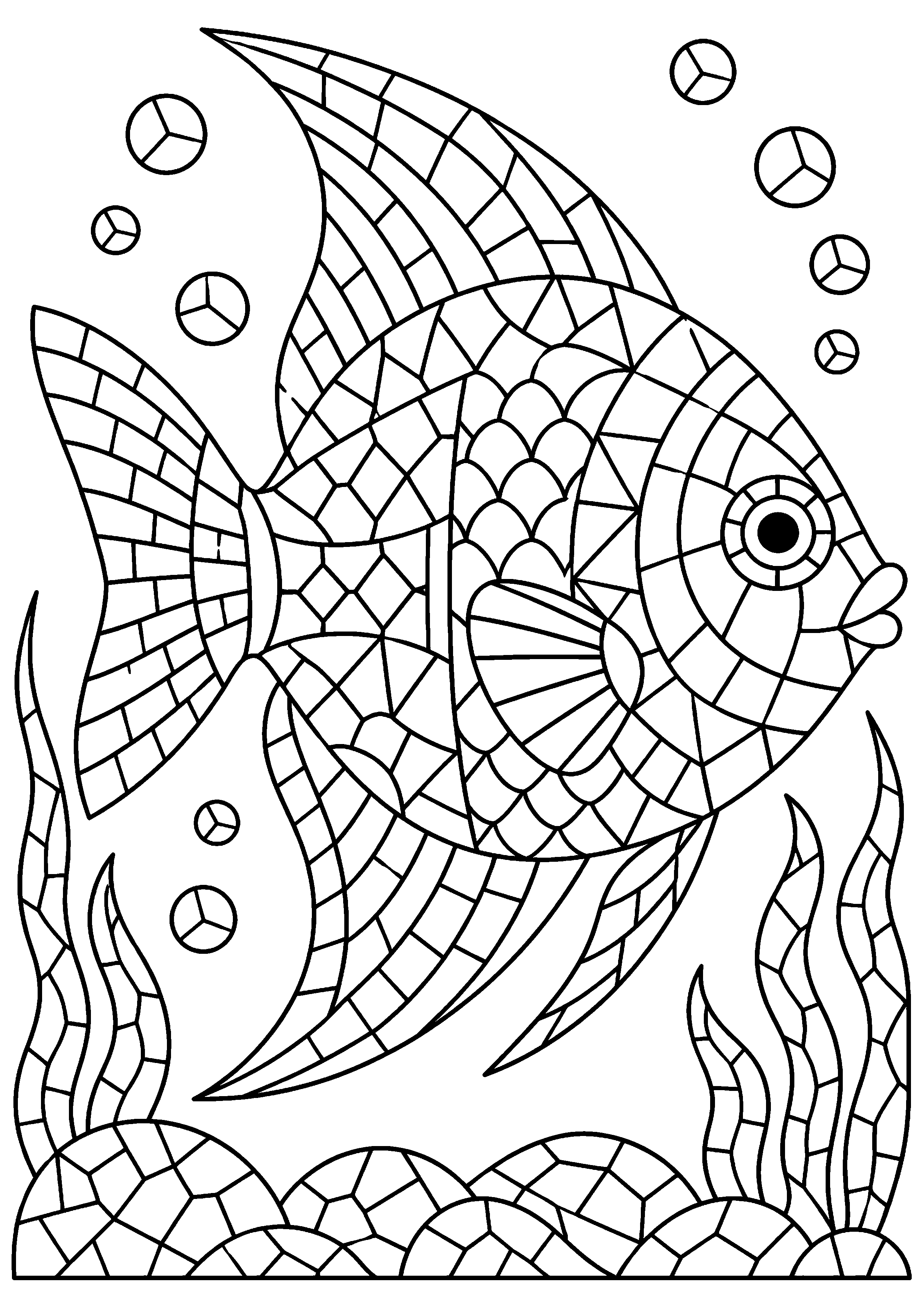 Coloriage mosaïque représentant poisson stylisé dont le corps est divisé en tesselles variées, motif gratuit à imprimer