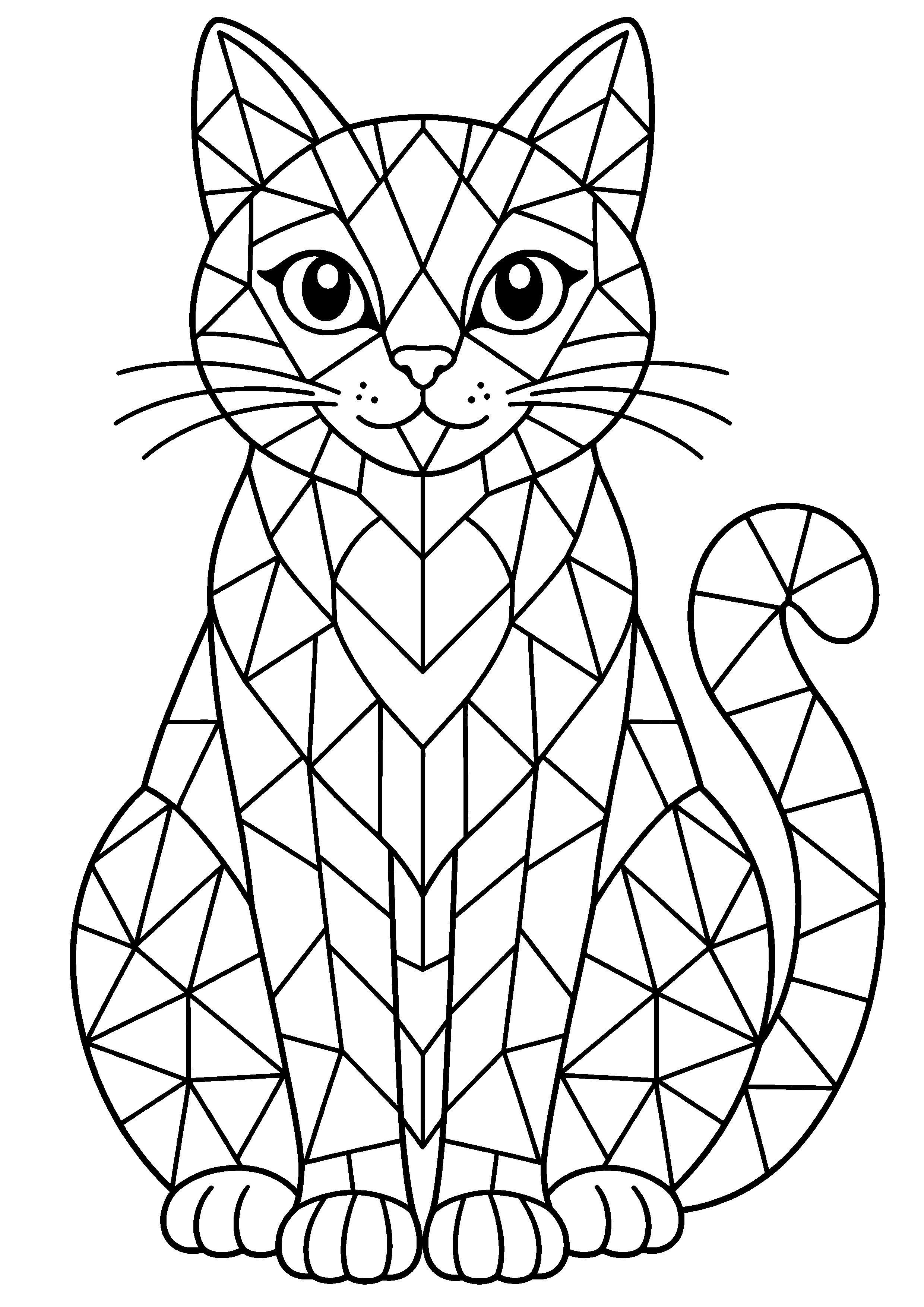 Coloriage mosaïque représentant silhouette de chat assis remplie de pièces géométriques, motif gratuit à imprimer