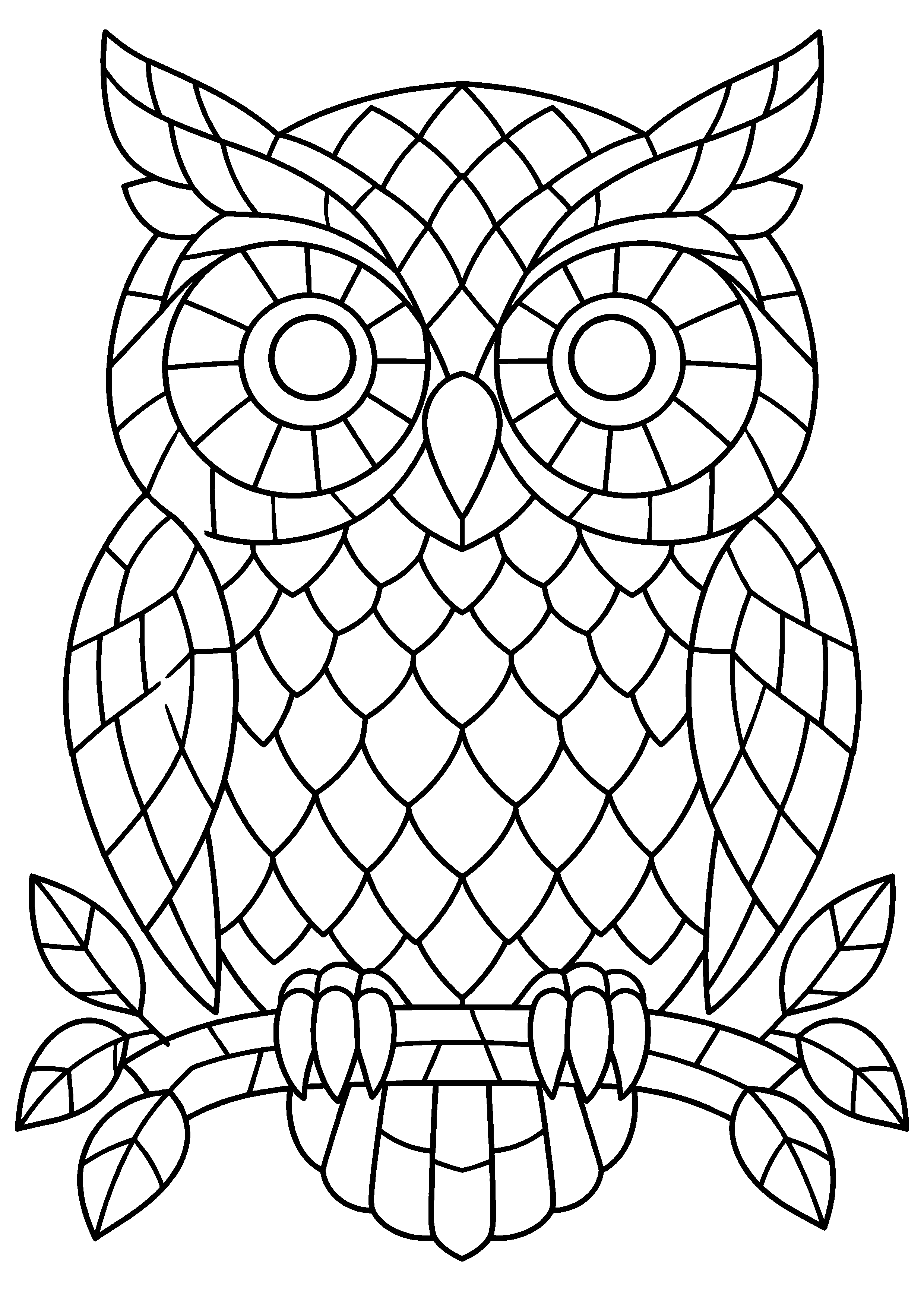 Coloriage mosaïque représentant hibou frontal symétrique construit avec des tesselles décoratives, motif gratuit à imprimer