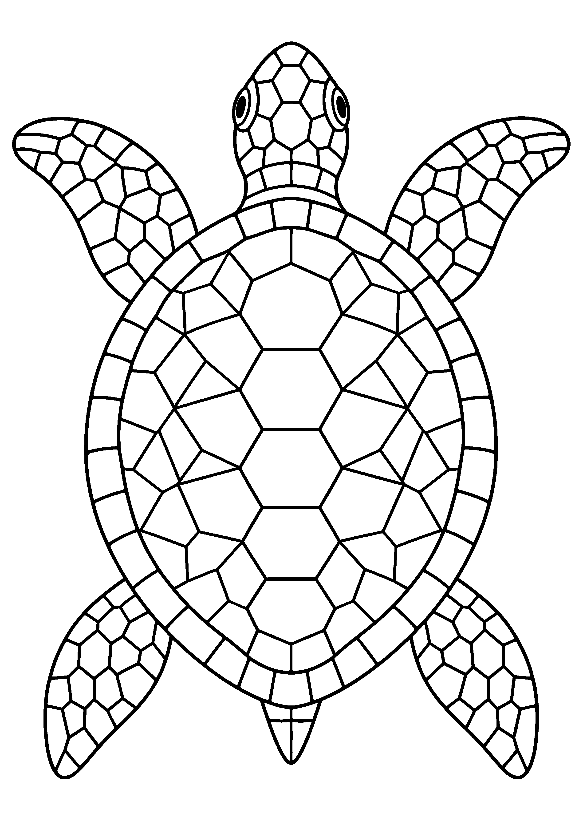 Coloriage mosaïque représentant tortue vue de dessus avec carapace découpée en motifs de mosaïque, motif gratuit à imprimer