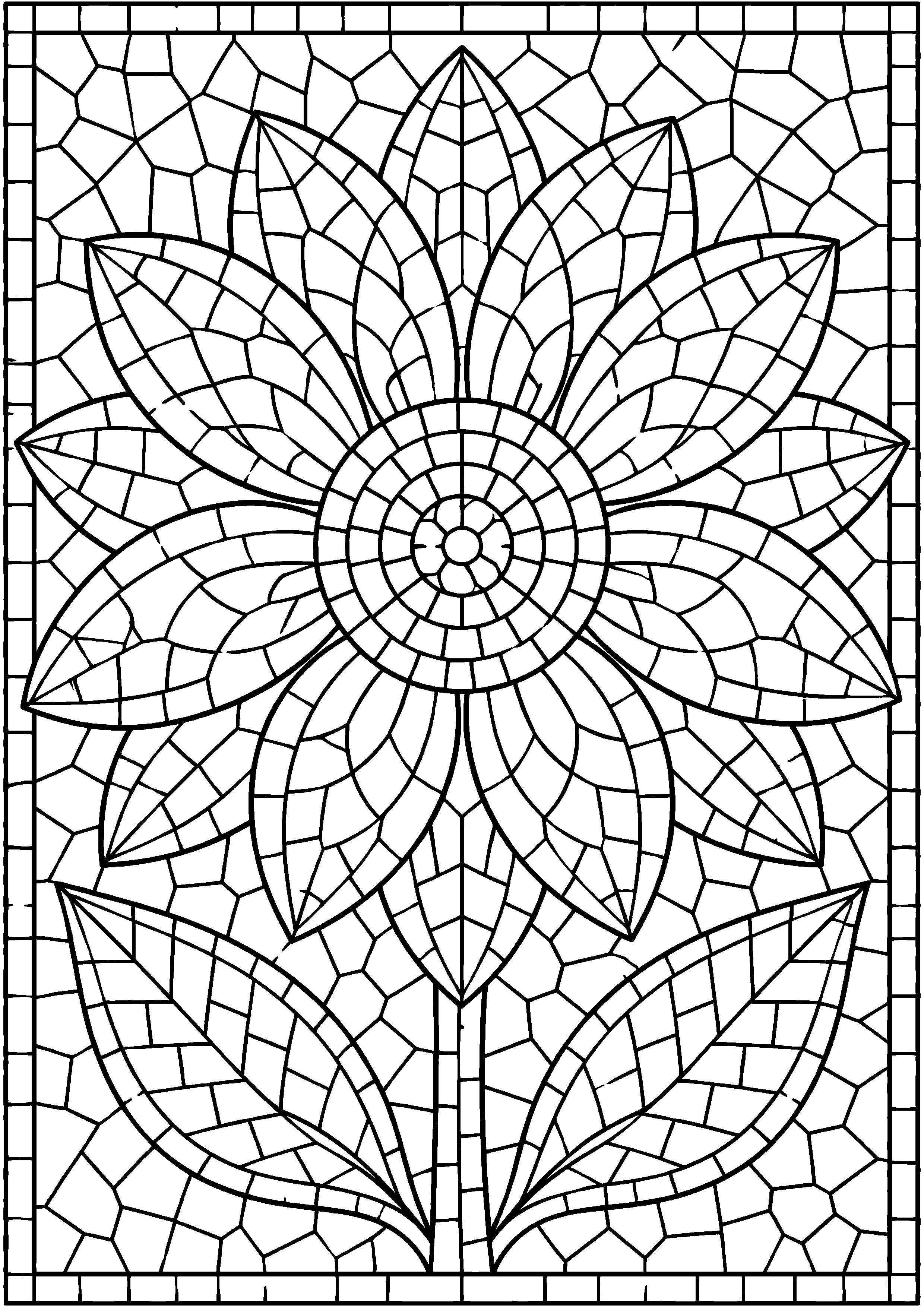 Coloriage mosaïque représentant grande fleur à pétales multiples divisée en tesselles, motif gratuit à imprimer
