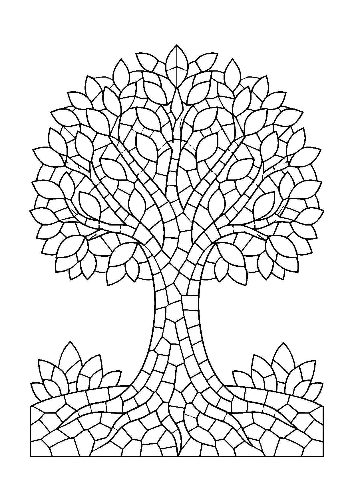 Coloriage mosaïque représentant arbre stylisé avec tronc et couronne composés de tesselles, motif gratuit à imprimer