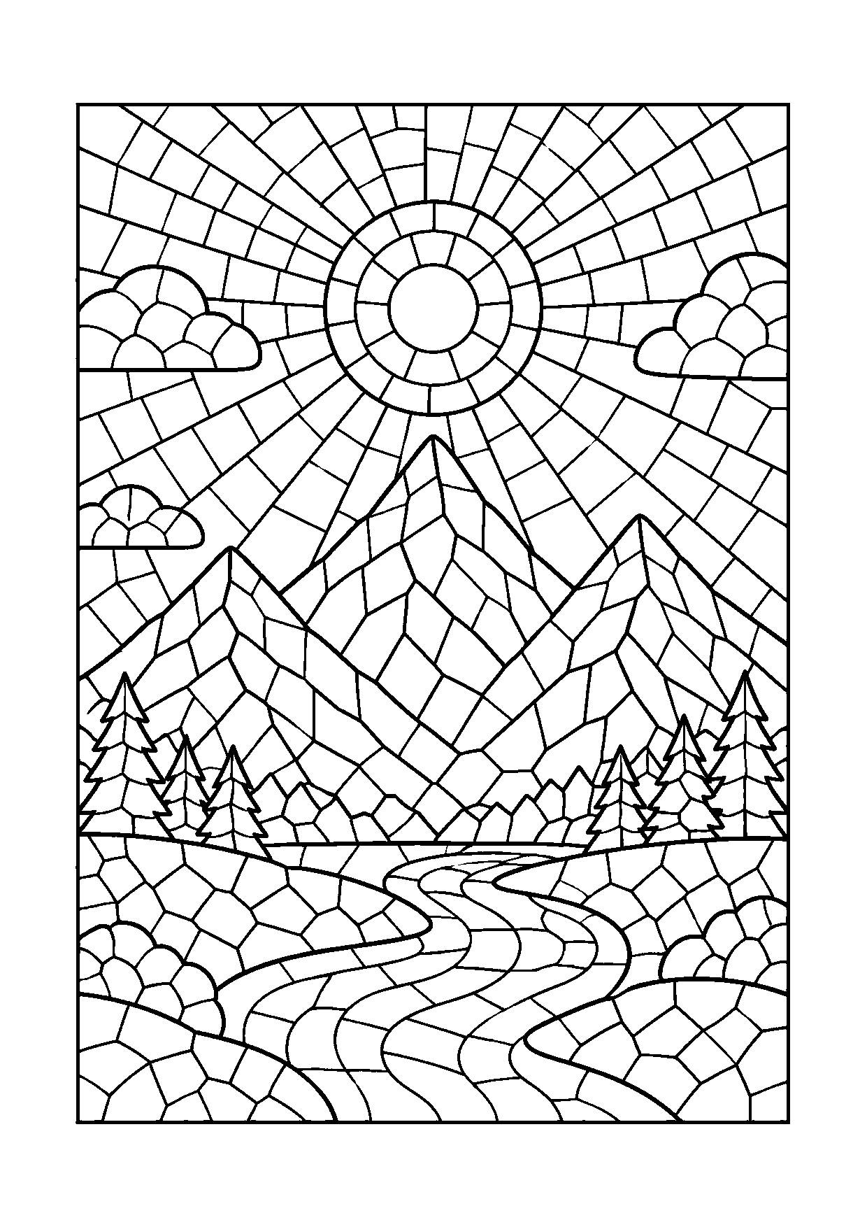 Coloriage mosaïque représentant paysage de montagnes et soleil entièrement construit en mosaïque, motif gratuit à imprimer