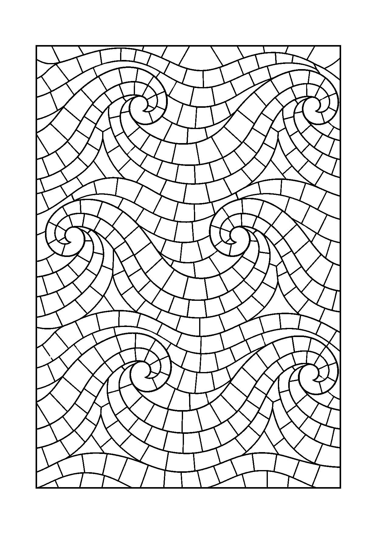 Coloriage mosaïque représentant motif de vagues successives rempli de petites tesselles courbes et géométriques, motif gratuit à imprimer