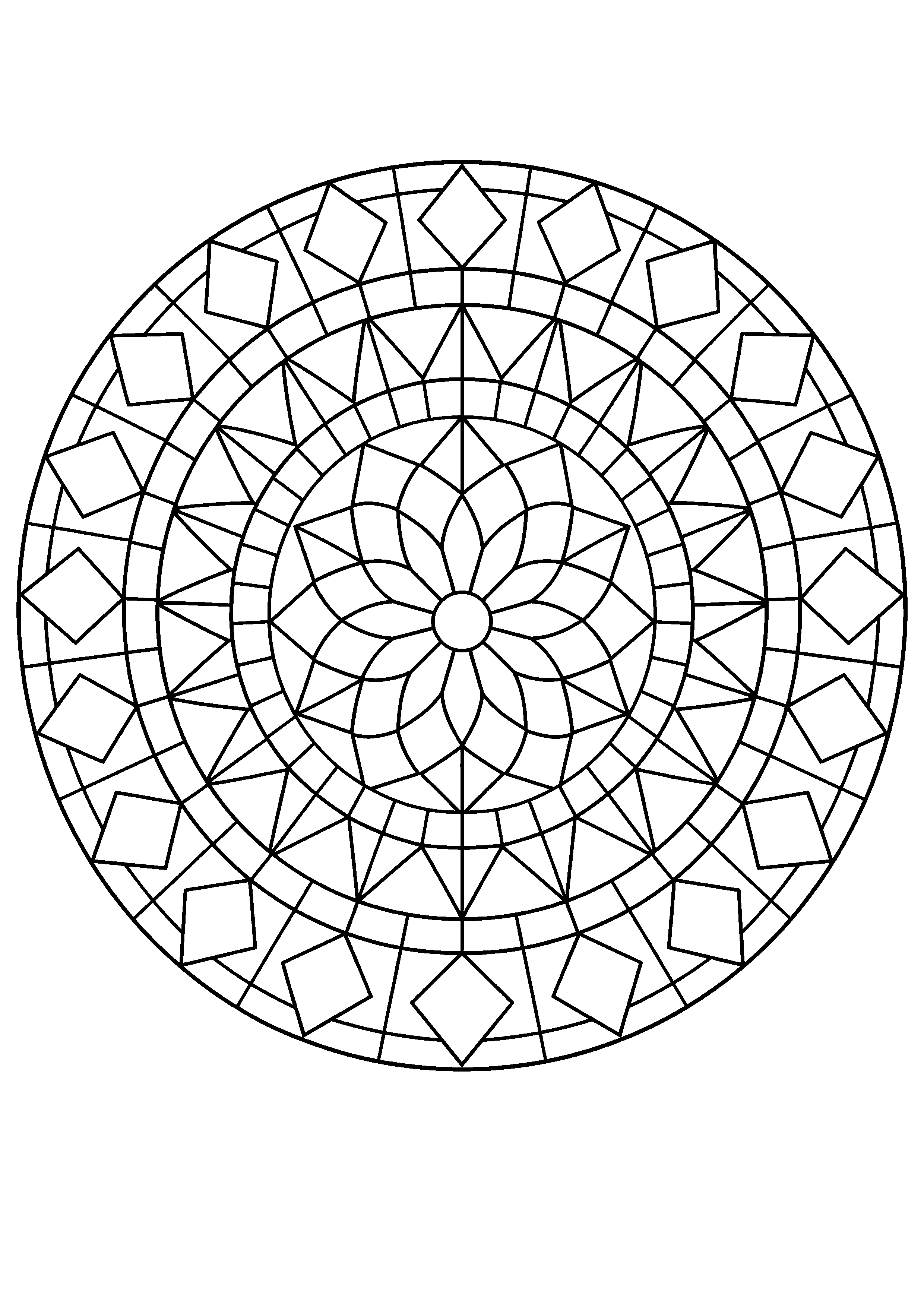 Coloriage mosaïque représentant grande rosace circulaire symétrique inspirée d’un pavement géométrique, motif gratuit à imprimer