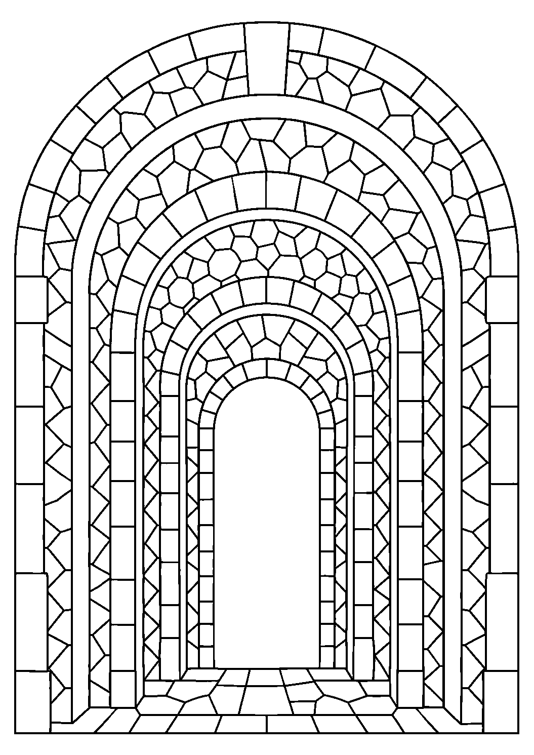 Coloriage mosaïque représentant plusieurs arcs emboîtés composés de tesselles de tailles variées, motif gratuit à imprimer
