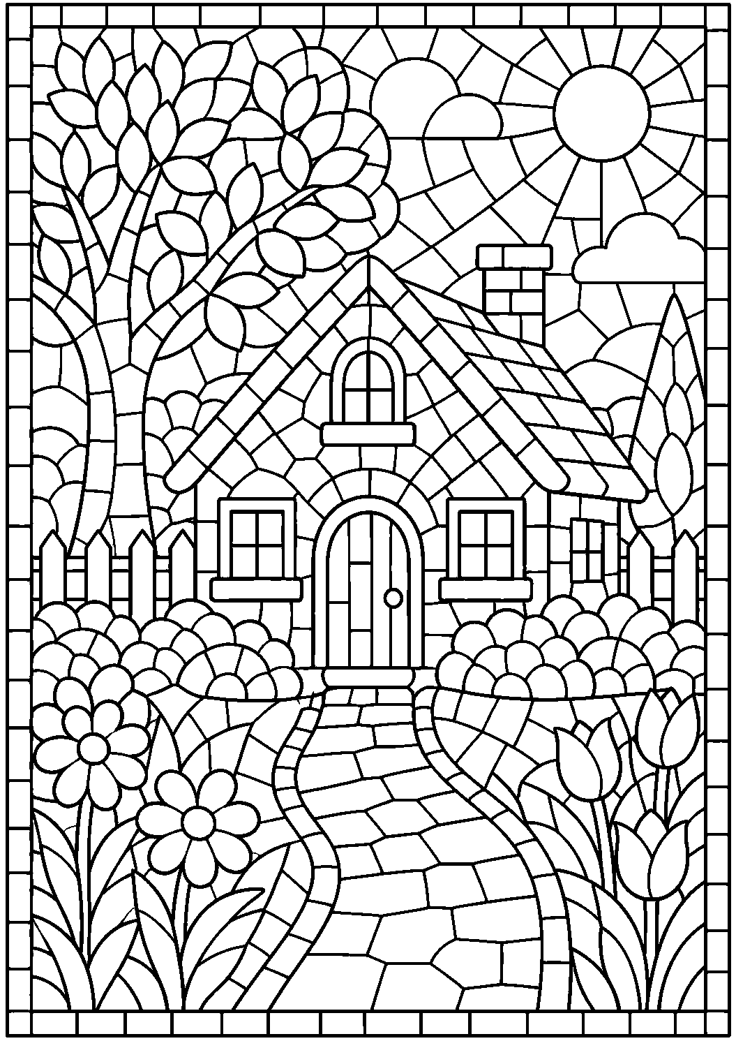 Coloriage mosaïque représentant petite maison et jardin transformés en composition de mosaïque, motif gratuit à imprimer