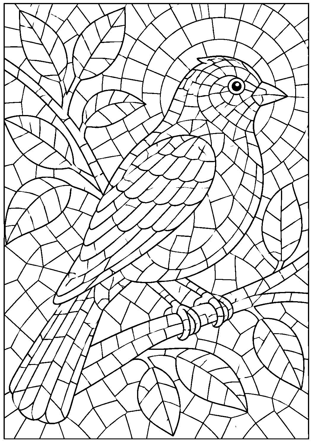 Coloriage mosaïque représentant oiseau de profil composé de tesselles géométriques et courbes, motif gratuit à imprimer