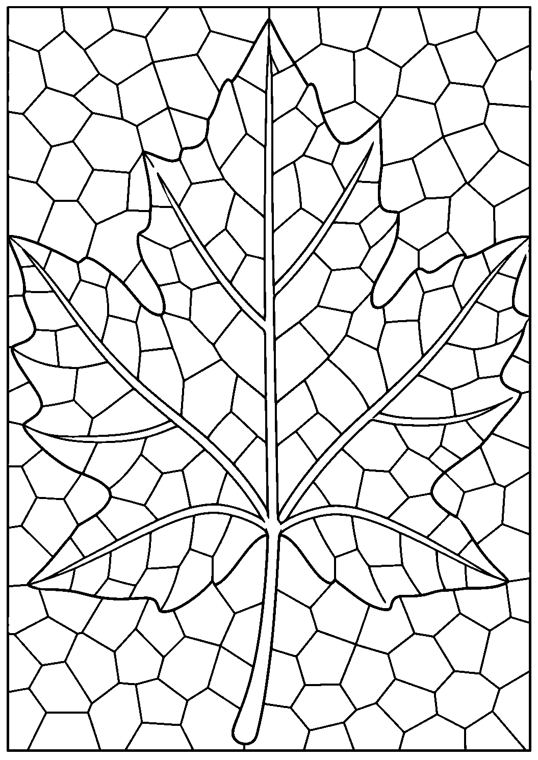 Coloriage mosaïque représentant grande feuille dont les nervures séparent des zones de mosaïque, motif gratuit à imprimer