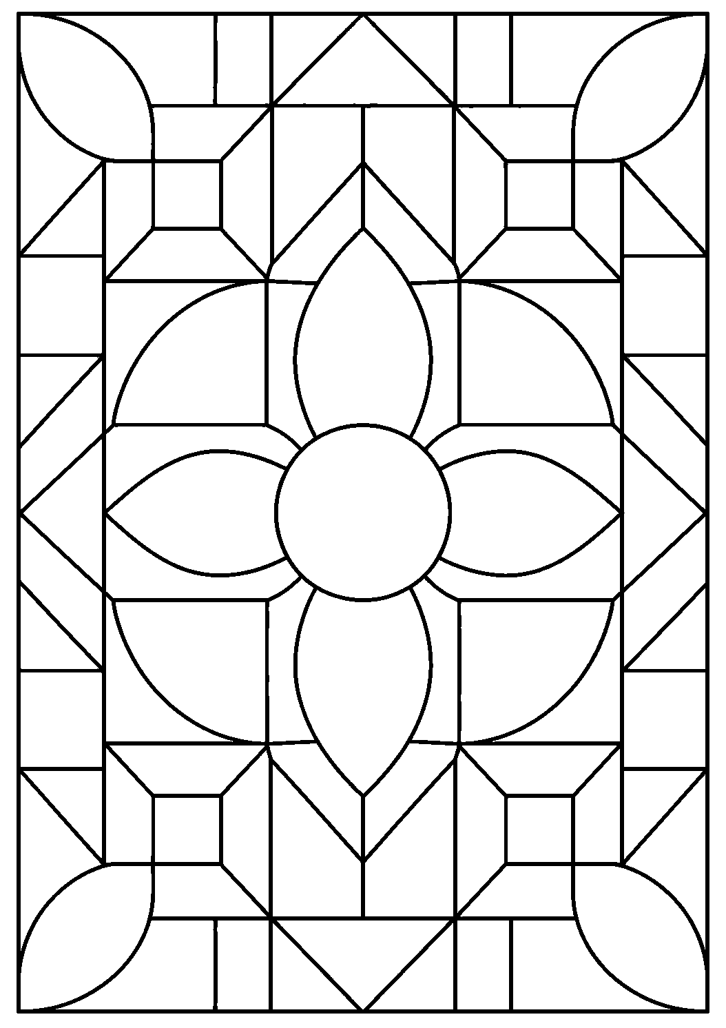 Coloriage mosaïque représentant composition abstraite pleine page mêlant carrés, triangles et courbes en tesselles fermées, motif gratuit à imprimer
