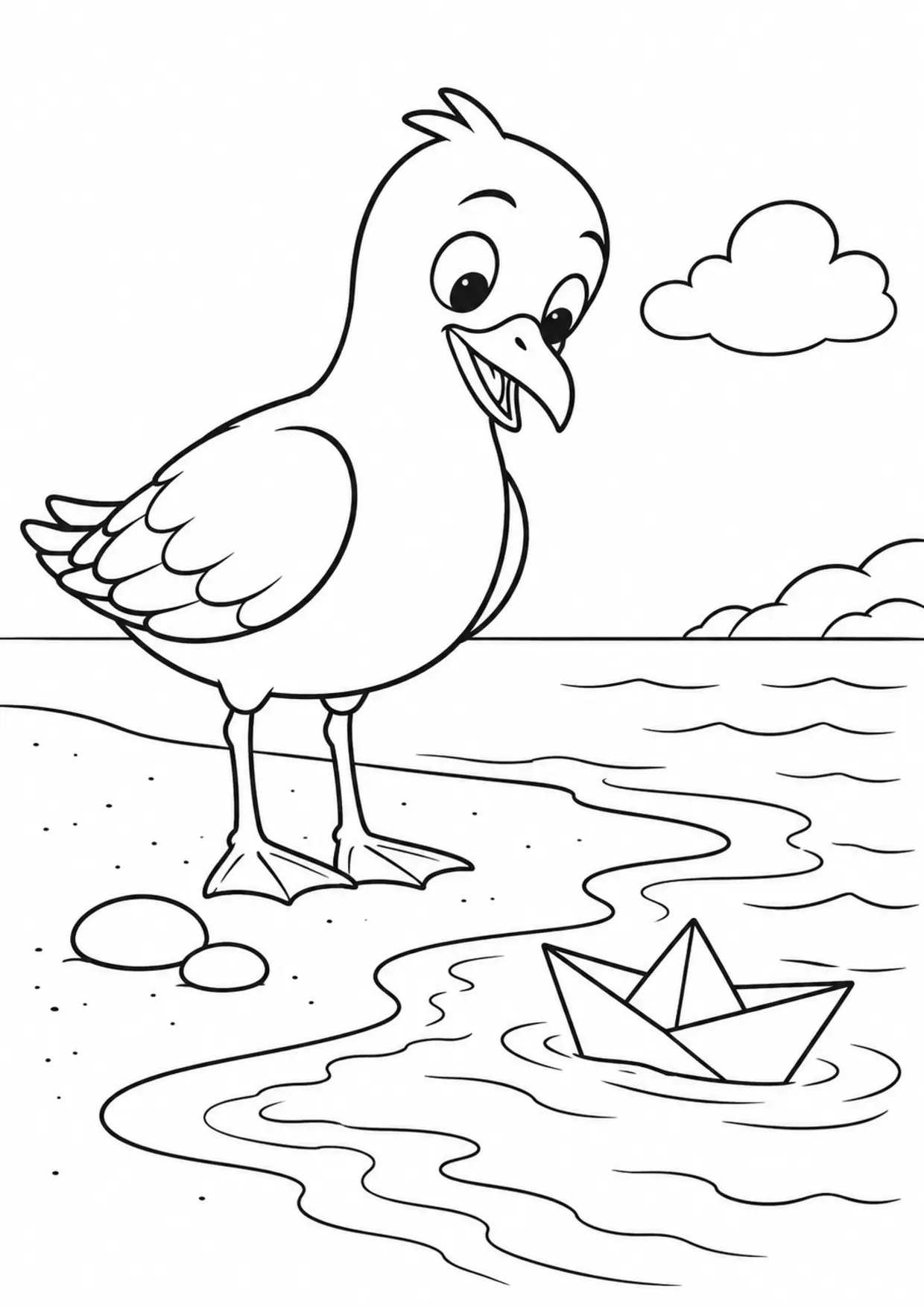 Coloriage mouette : bateau papier à imprimer montrant bateau papier, dessin noir et blanc