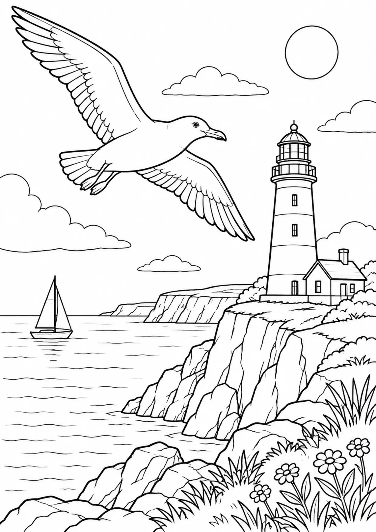 Coloriage mouette : phare falaises à imprimer montrant phare falaises, dessin noir et blanc