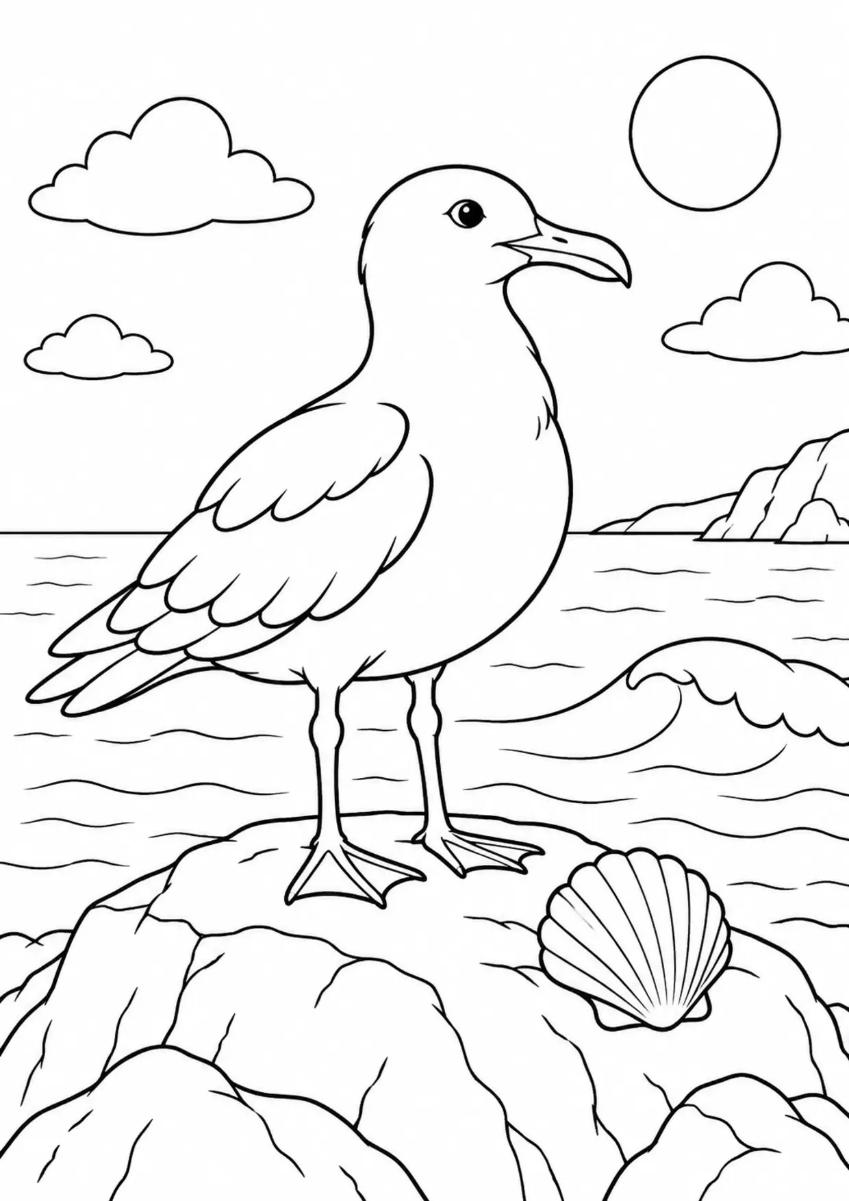 Coloriage mouette : rocher coquillage