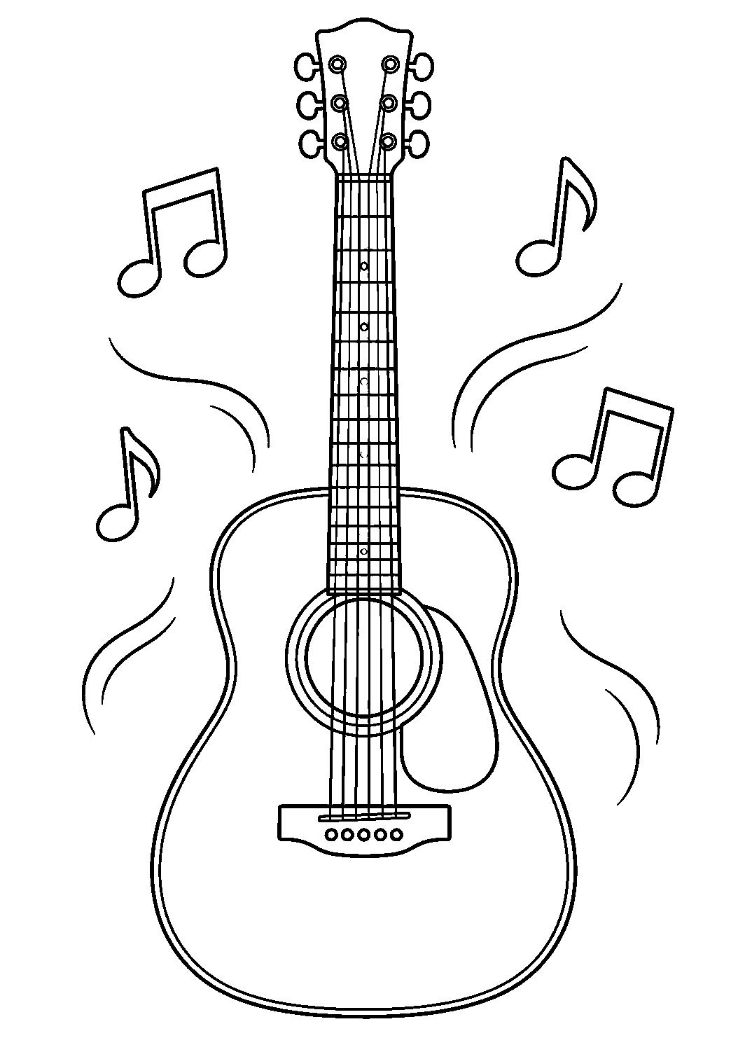 Coloriage musique représentant guitare acoustique générique entourée de quelques notes de musique, dessin gratuit à imprimer