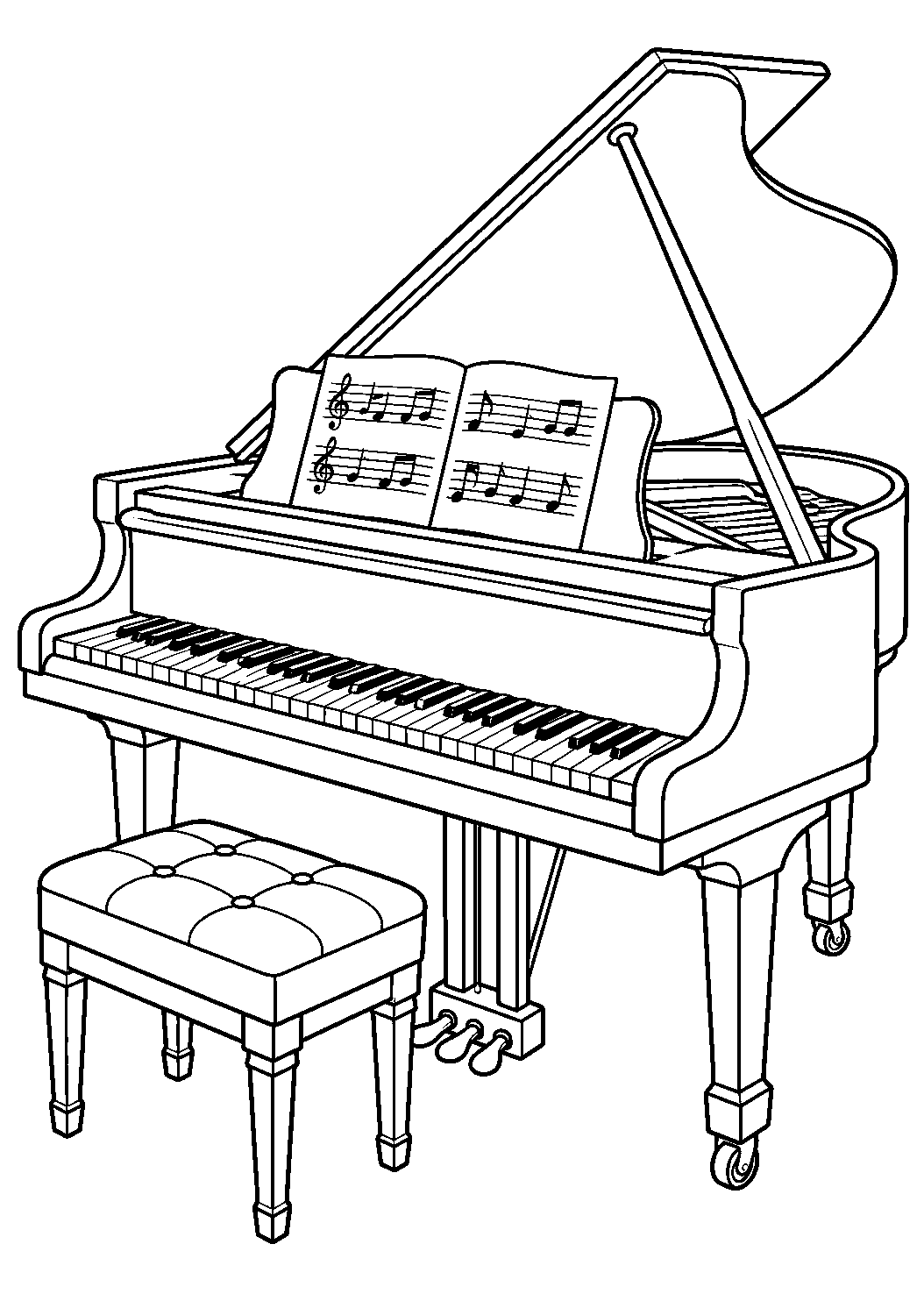 Coloriage musique représentant piano à queue générique avec pupitre et partition sans texte lisible, dessin gratuit à imprimer