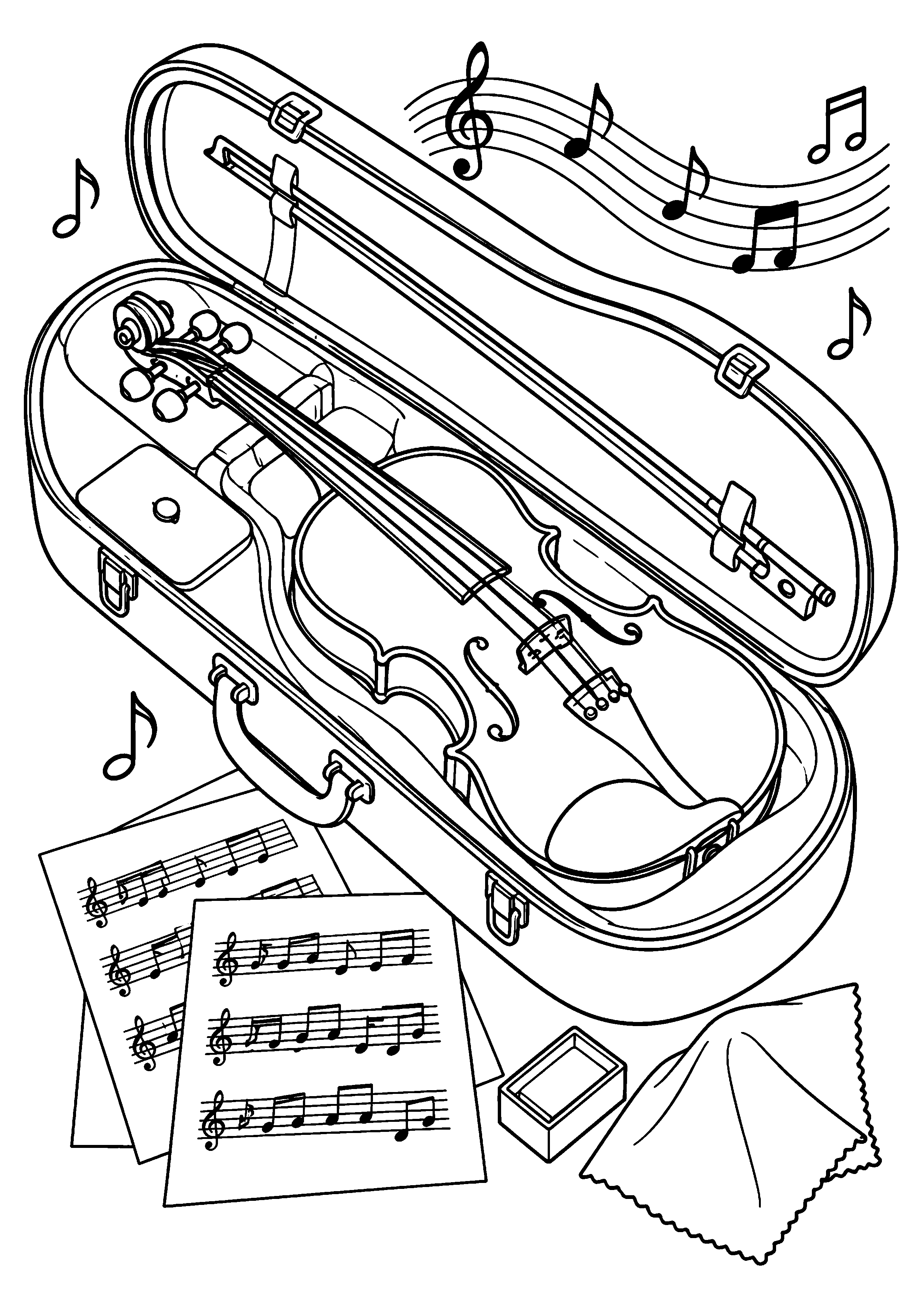 Coloriage musique représentant violon générique posé dans un étui ouvert avec archet, dessin gratuit à imprimer