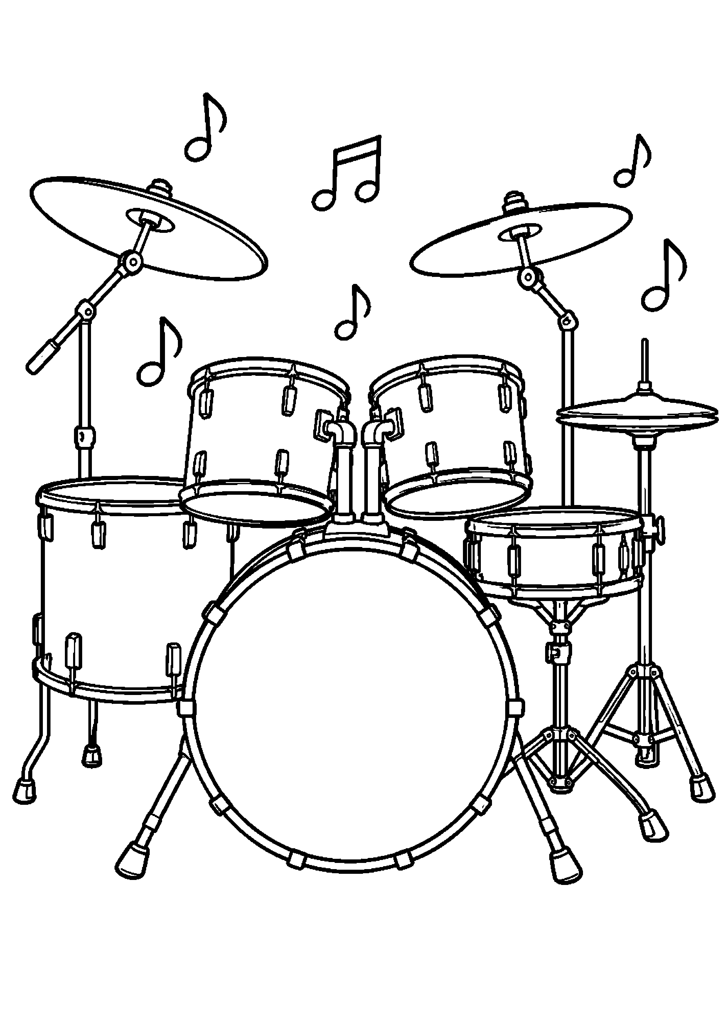Coloriage musique représentant batterie générique avec grosse caisse, toms, caisse claire et cymbales, dessin gratuit à imprimer