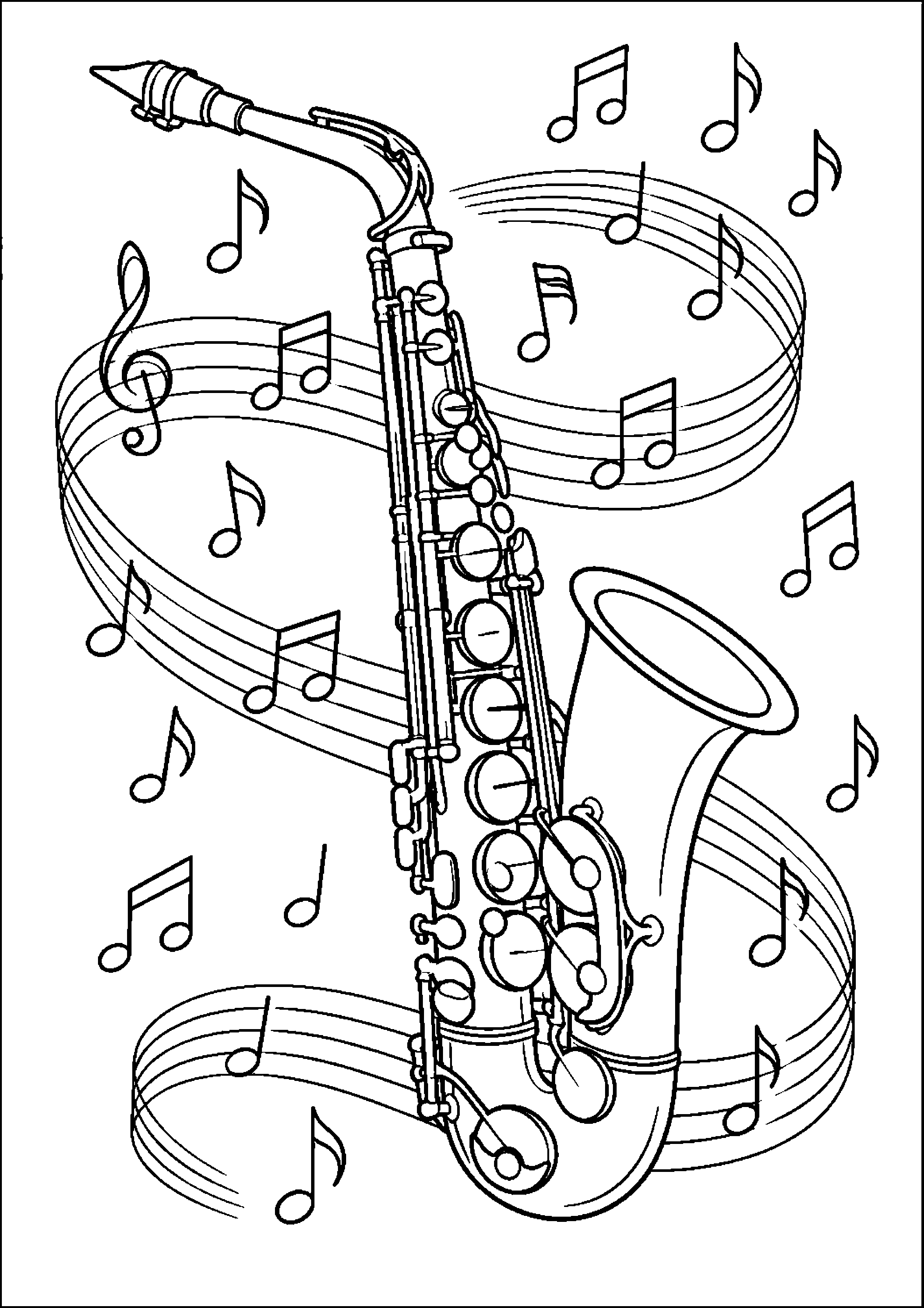 Coloriage musique représentant saxophone générique entouré de notes musicales en spirale, dessin gratuit à imprimer