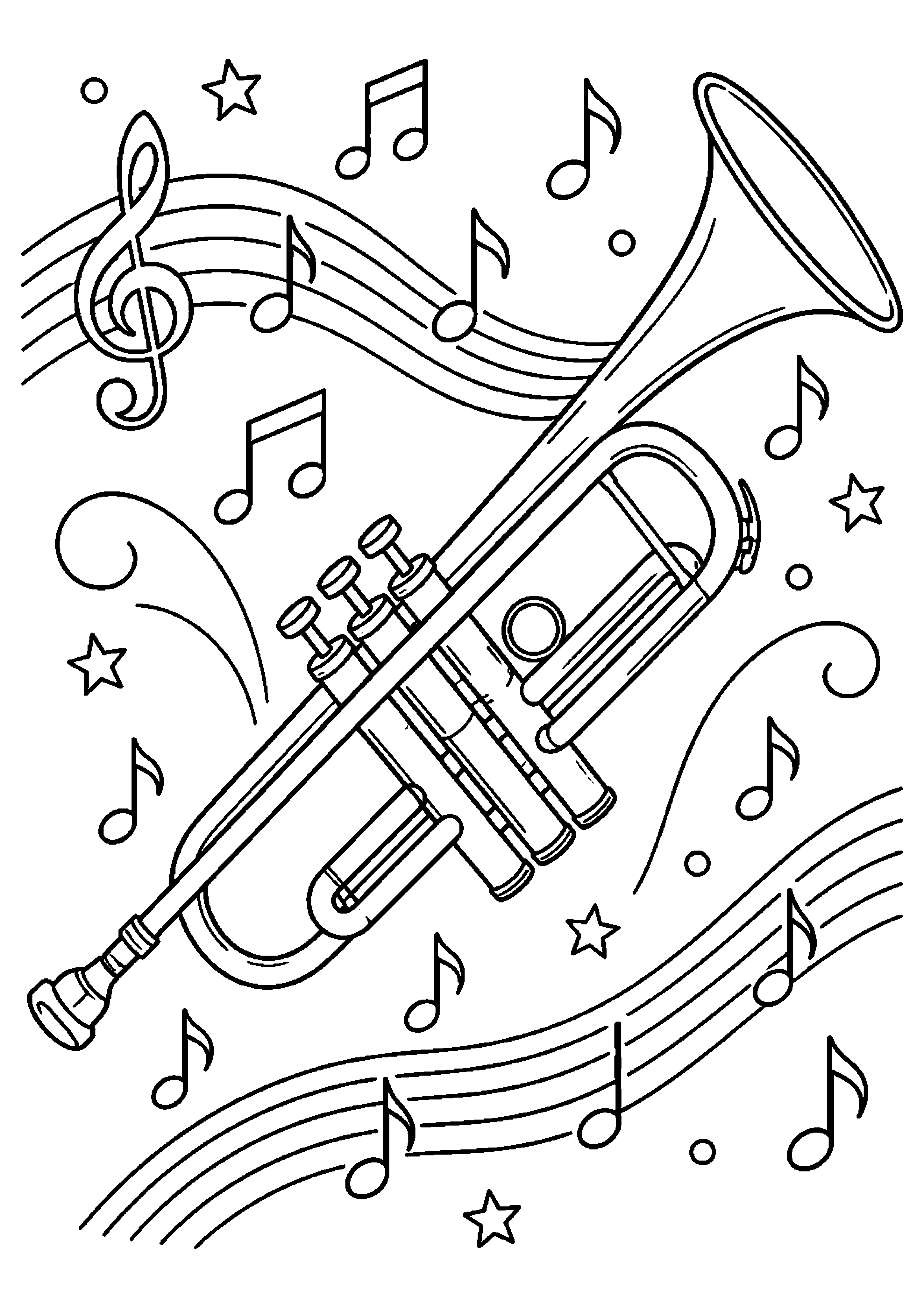 Coloriage musique représentant trompette générique avec portée et notes décoratives sans paroles, dessin gratuit à imprimer