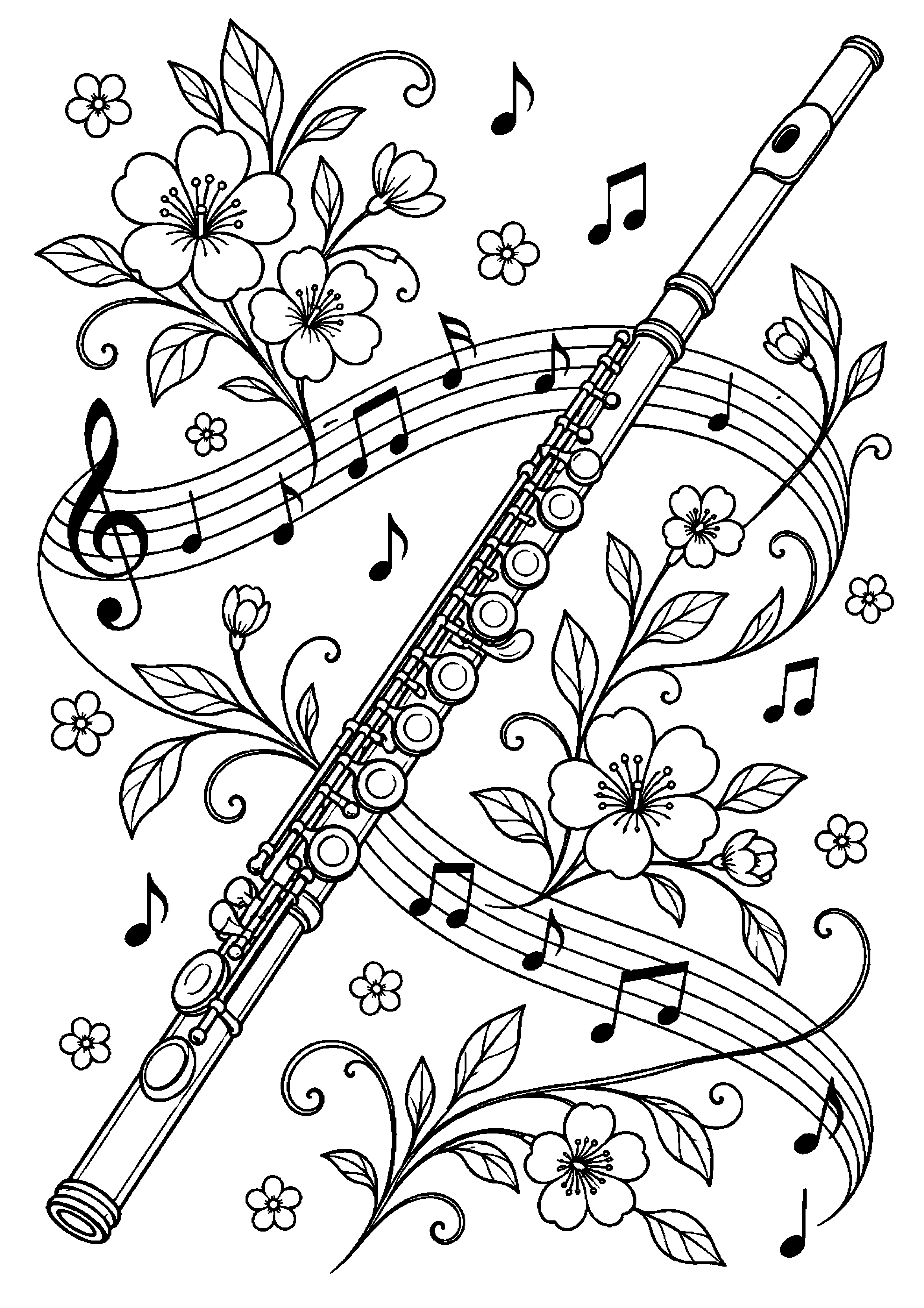 Coloriage musique représentant flûte traversière générique accompagnée de petites fleurs décoratives, dessin gratuit à imprimer