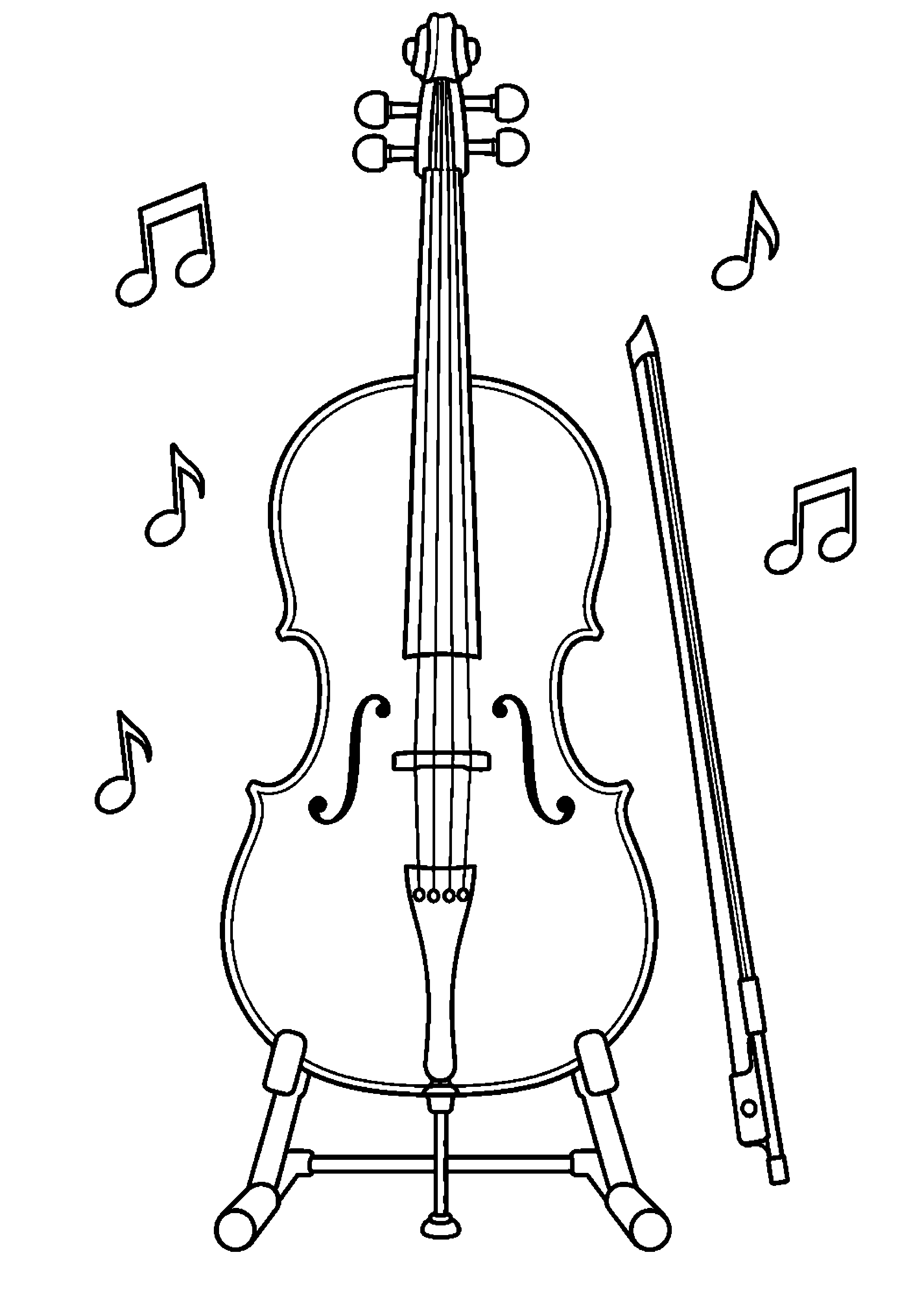 Coloriage musique représentant violoncelle générique debout avec archet et support simple, dessin gratuit à imprimer