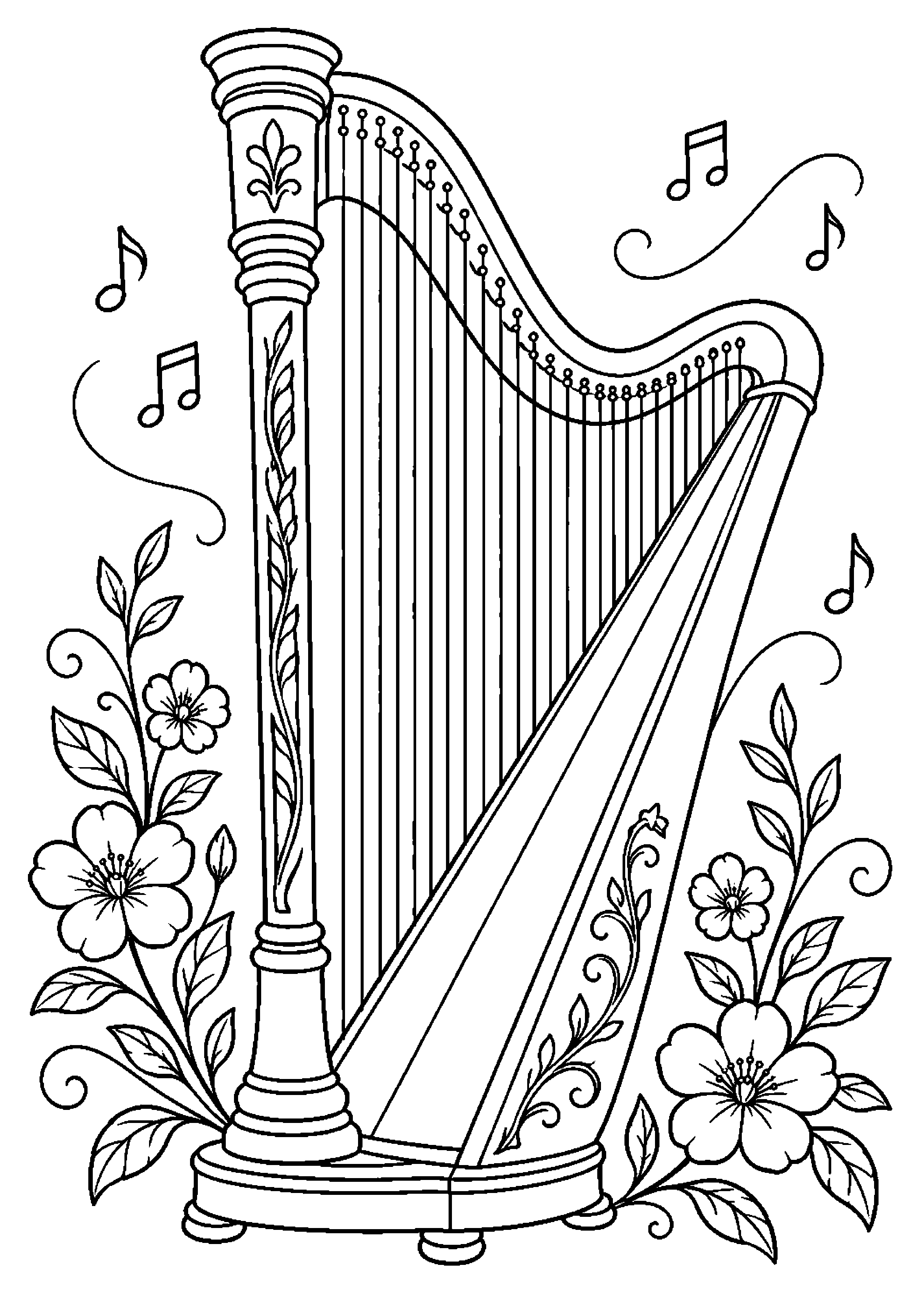 Coloriage musique représentant harpe générique avec quelques motifs floraux autour du cadre, dessin gratuit à imprimer
