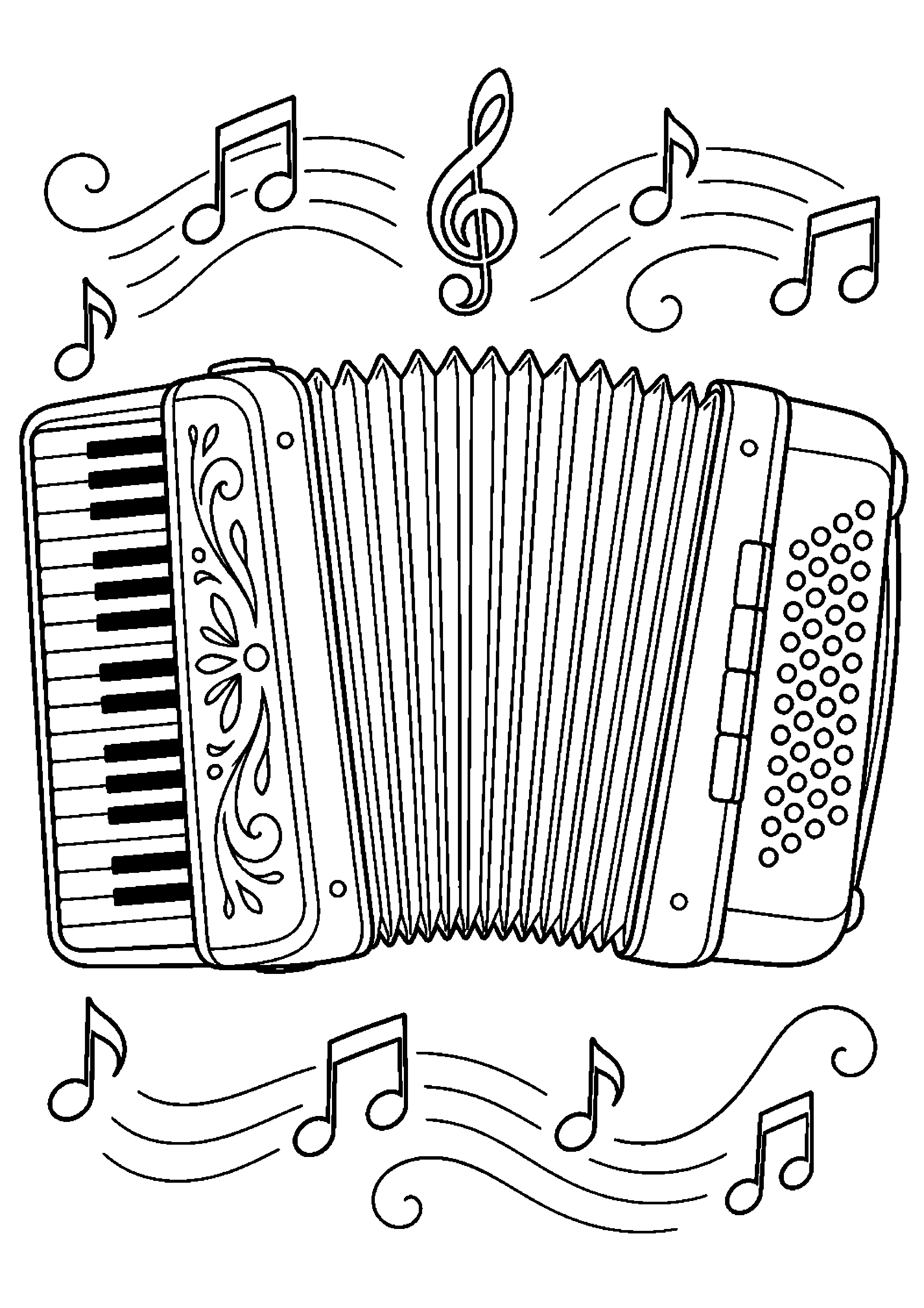 Coloriage musique représentant accordéon générique vu de face avec soufflet déployé, dessin gratuit à imprimer