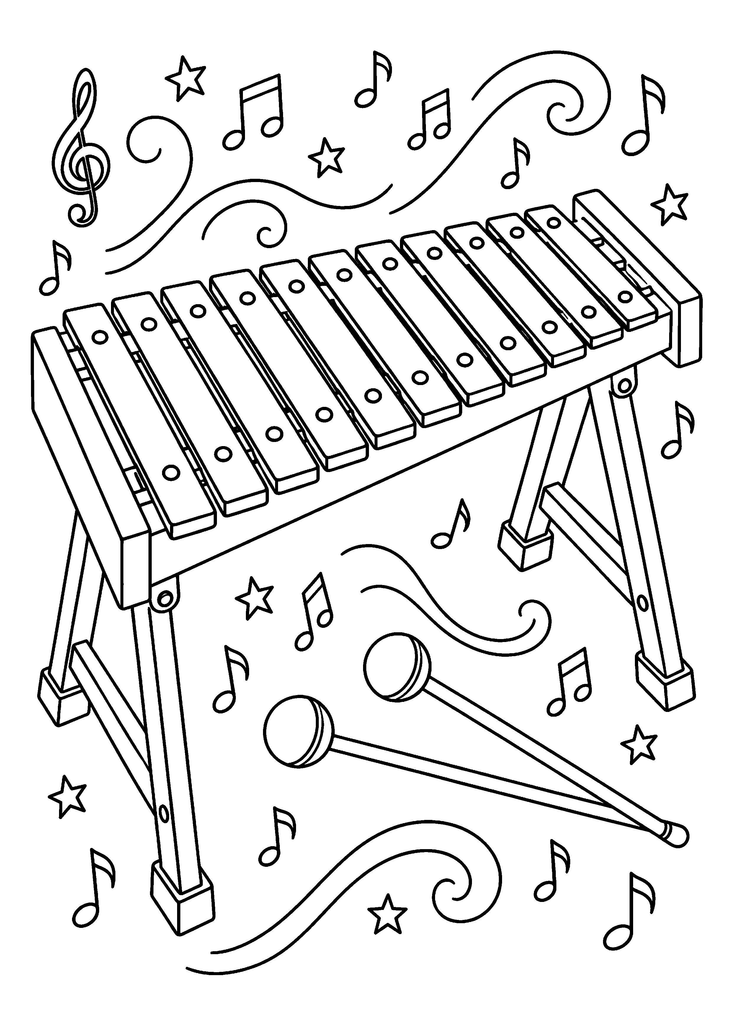 Coloriage musique représentant xylophone générique avec deux mailloches, sans marque, dessin gratuit à imprimer