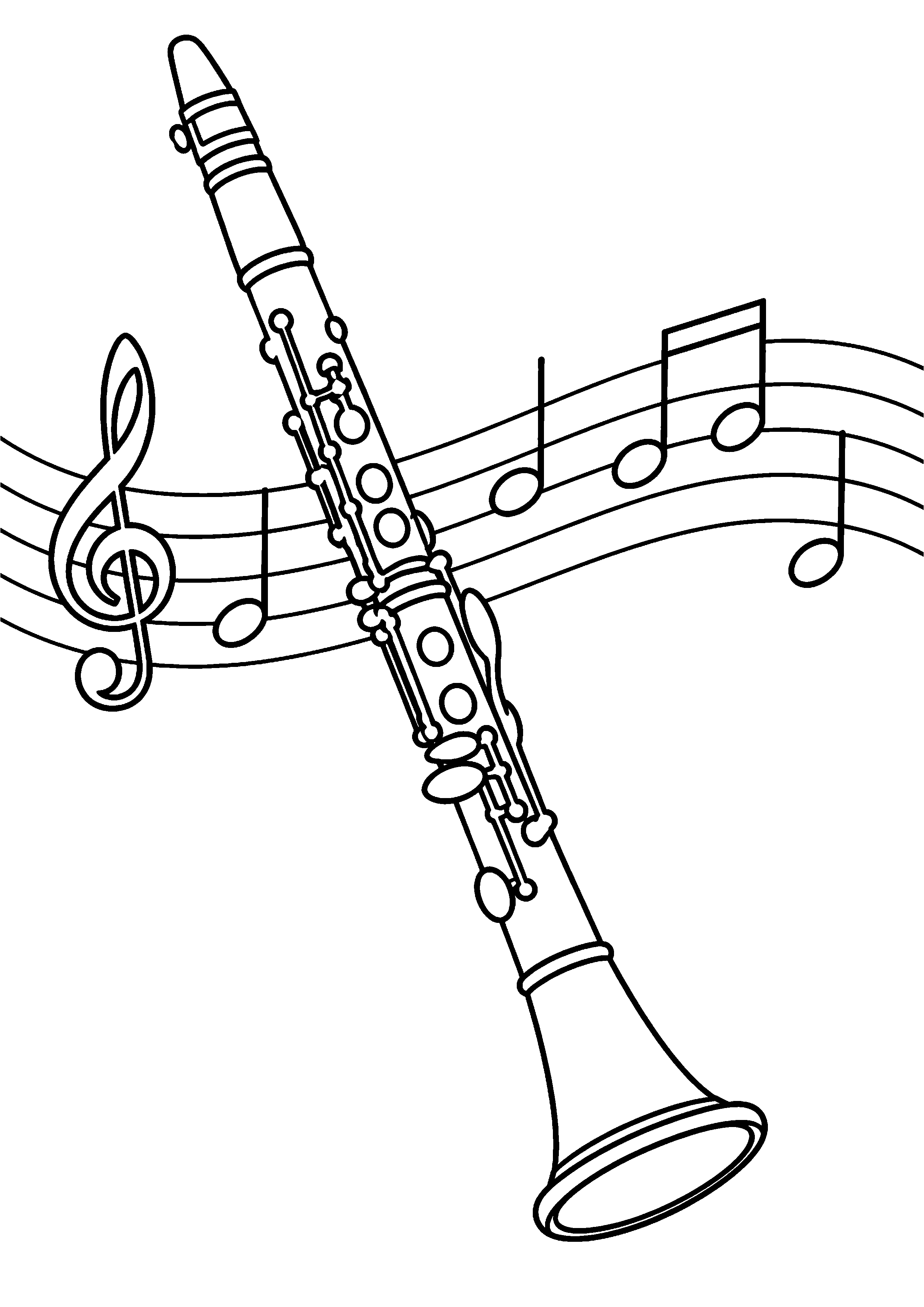 Coloriage musique représentant clarinette générique devant une portée de notes simples, dessin gratuit à imprimer